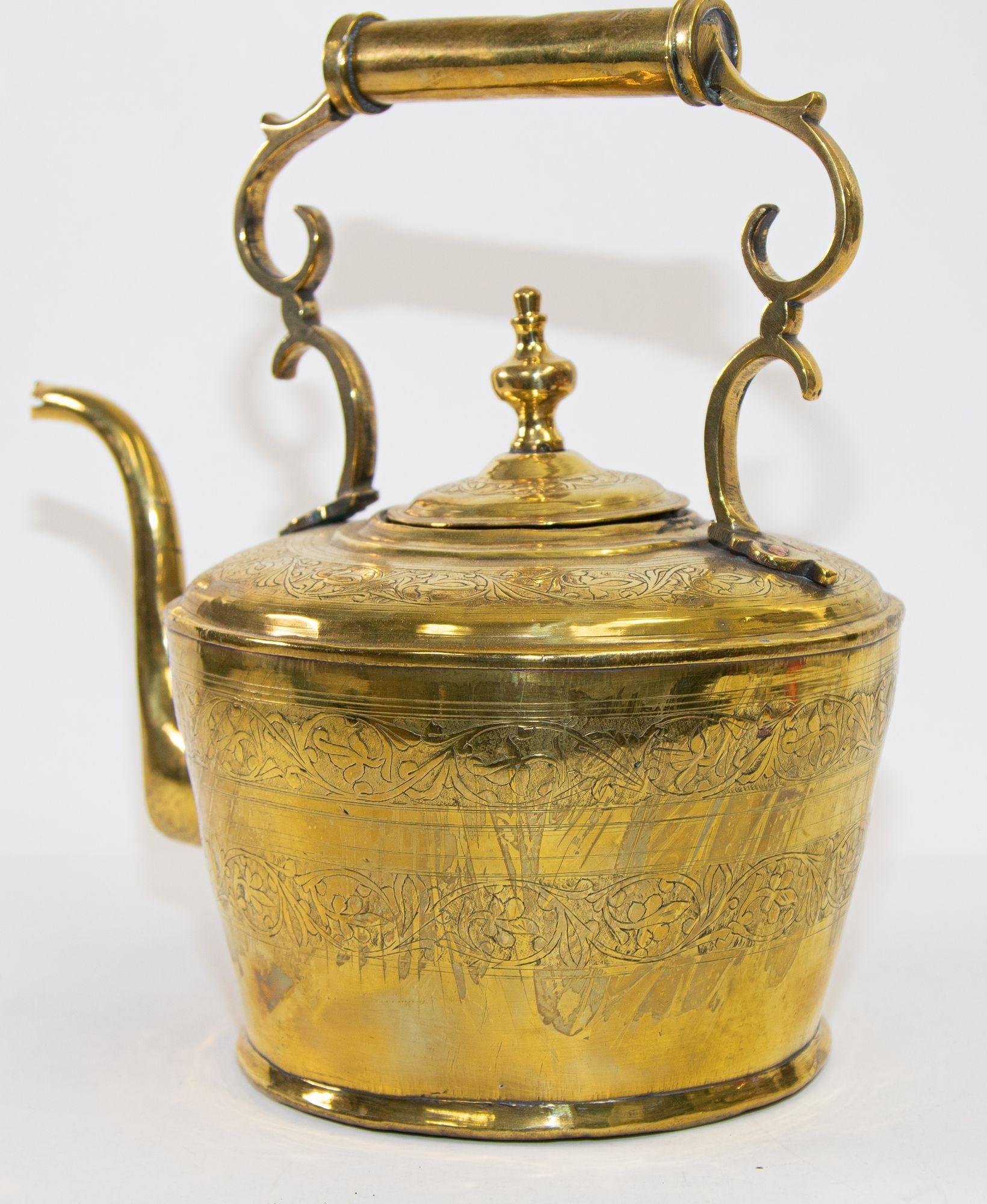 Etched Antique Moroccan Moorish Large Heavy Solid Brass Kettle, 19th C