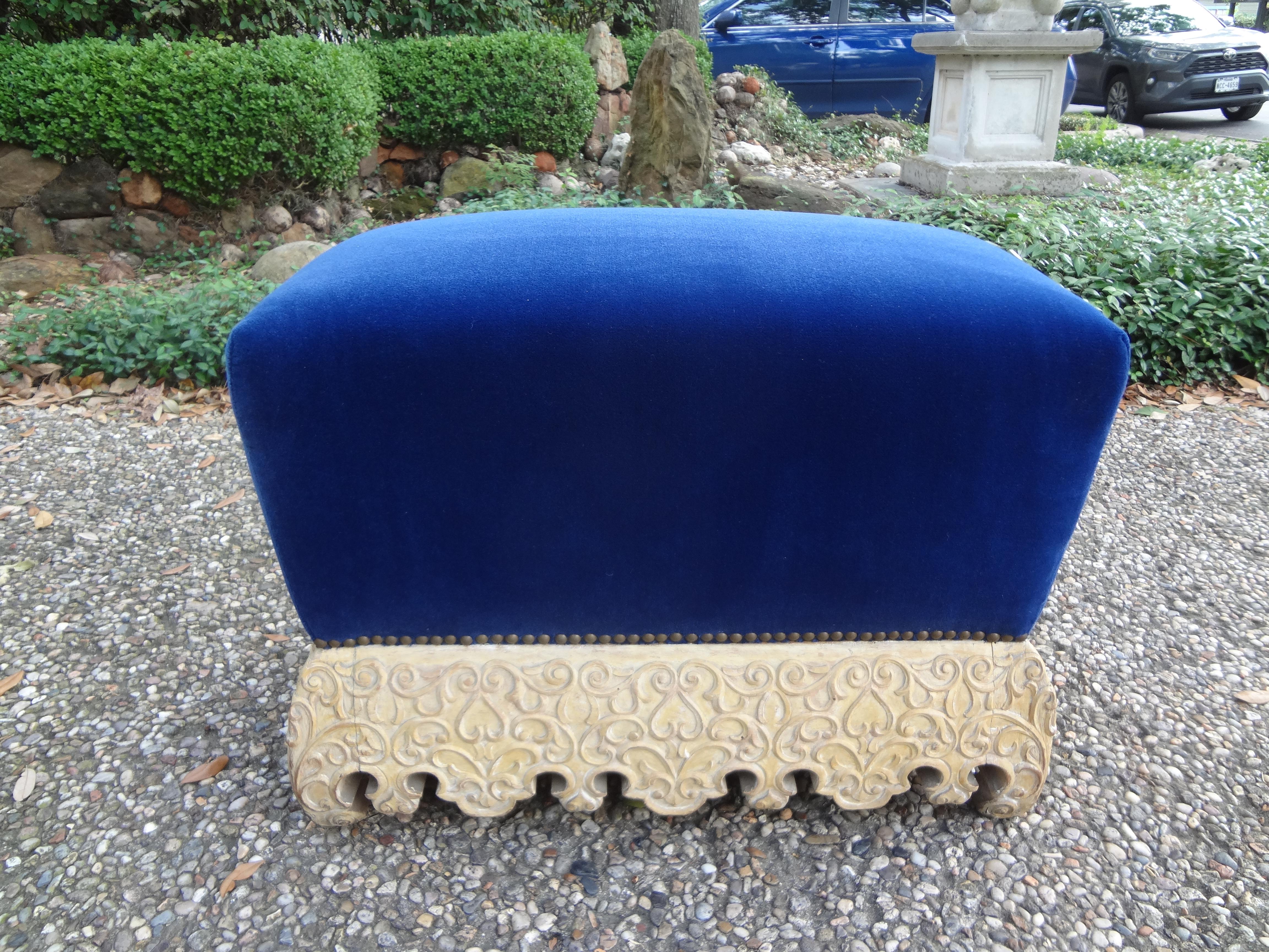 Unusual antique Moroccan, Moorish or Middle Eastern bench, ottoman or pouf. This beautiful antique bench or stool has been newly upholstered in deep blue mohair fabric. Comfortable and versatile, this antique bench will work in a variety of