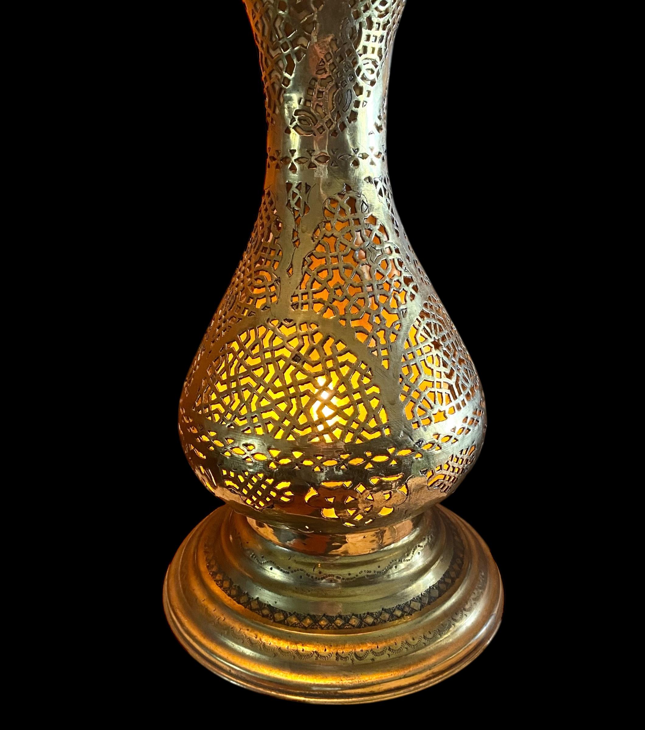 Moorish Antique Moroccan Pierced Brass Table Lamp For Sale