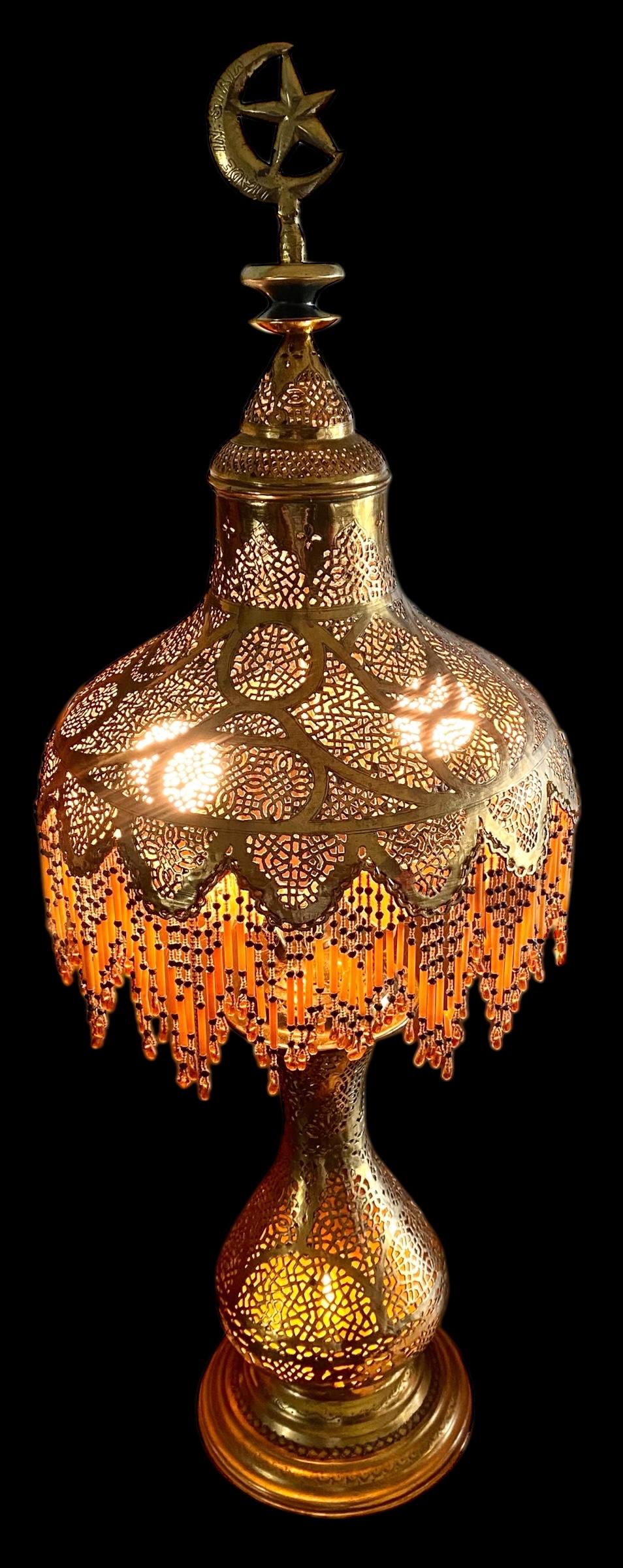 Syrian Antique Moroccan Pierced Brass Table Lamp For Sale