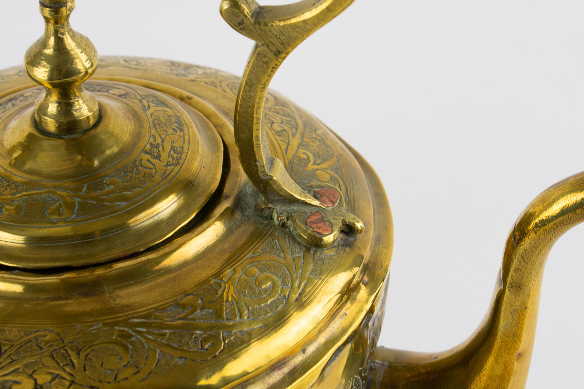Antique Moroccan Repoussé and Carved Brass Tea Kettle, circa 1880 For Sale 11