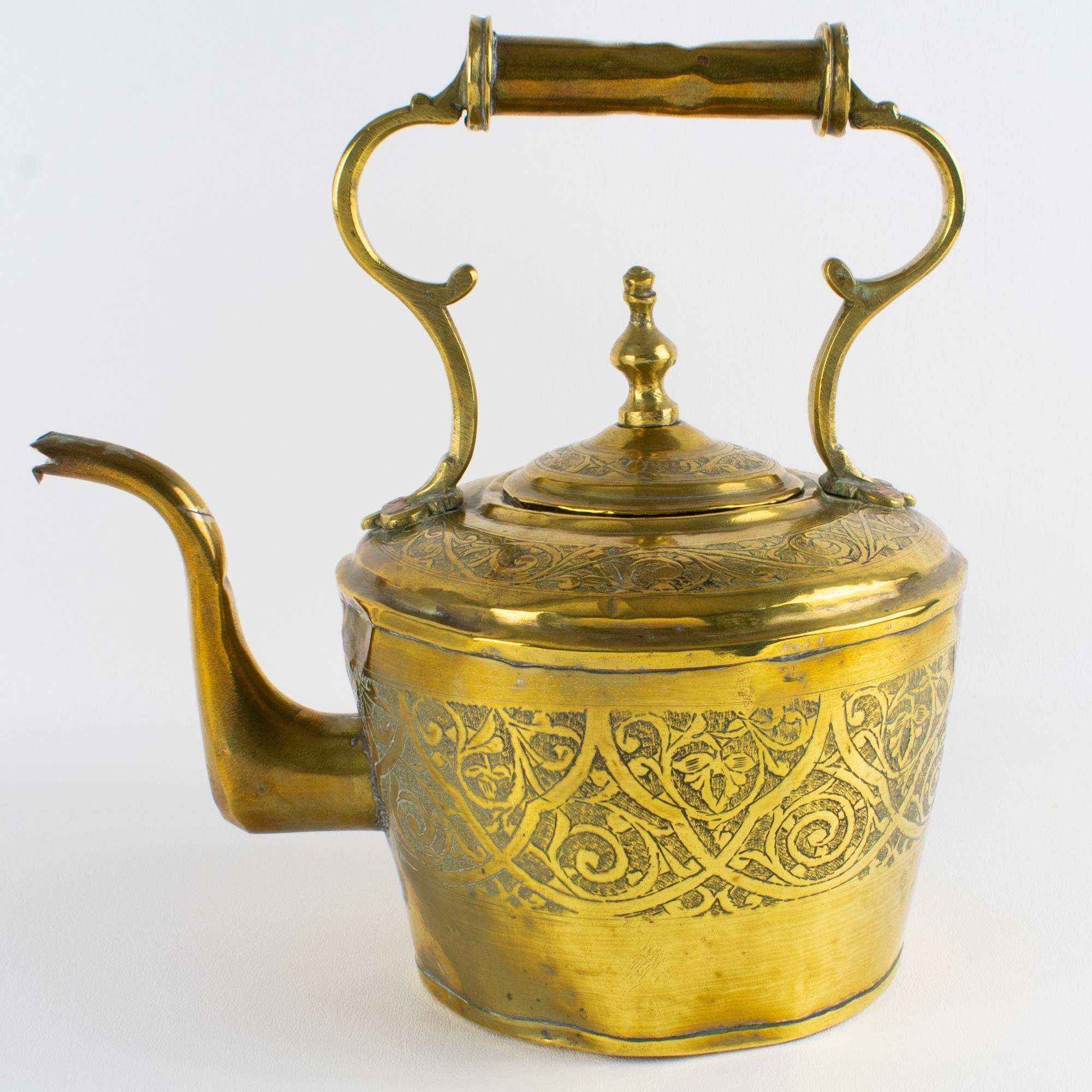Islamic Antique Moroccan Repoussé and Carved Brass Tea Kettle, circa 1880 For Sale