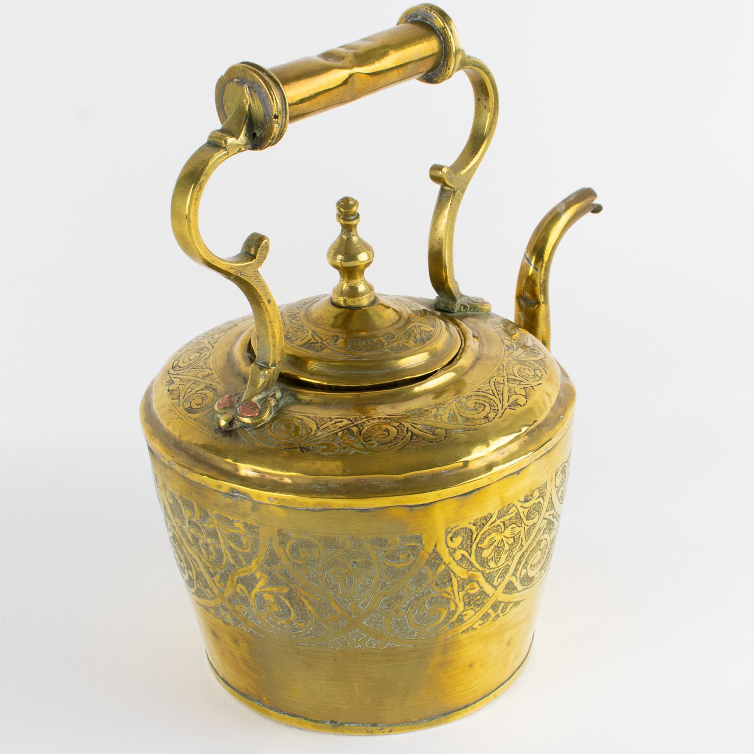 19th Century Antique Moroccan Repoussé and Carved Brass Tea Kettle, circa 1880 For Sale