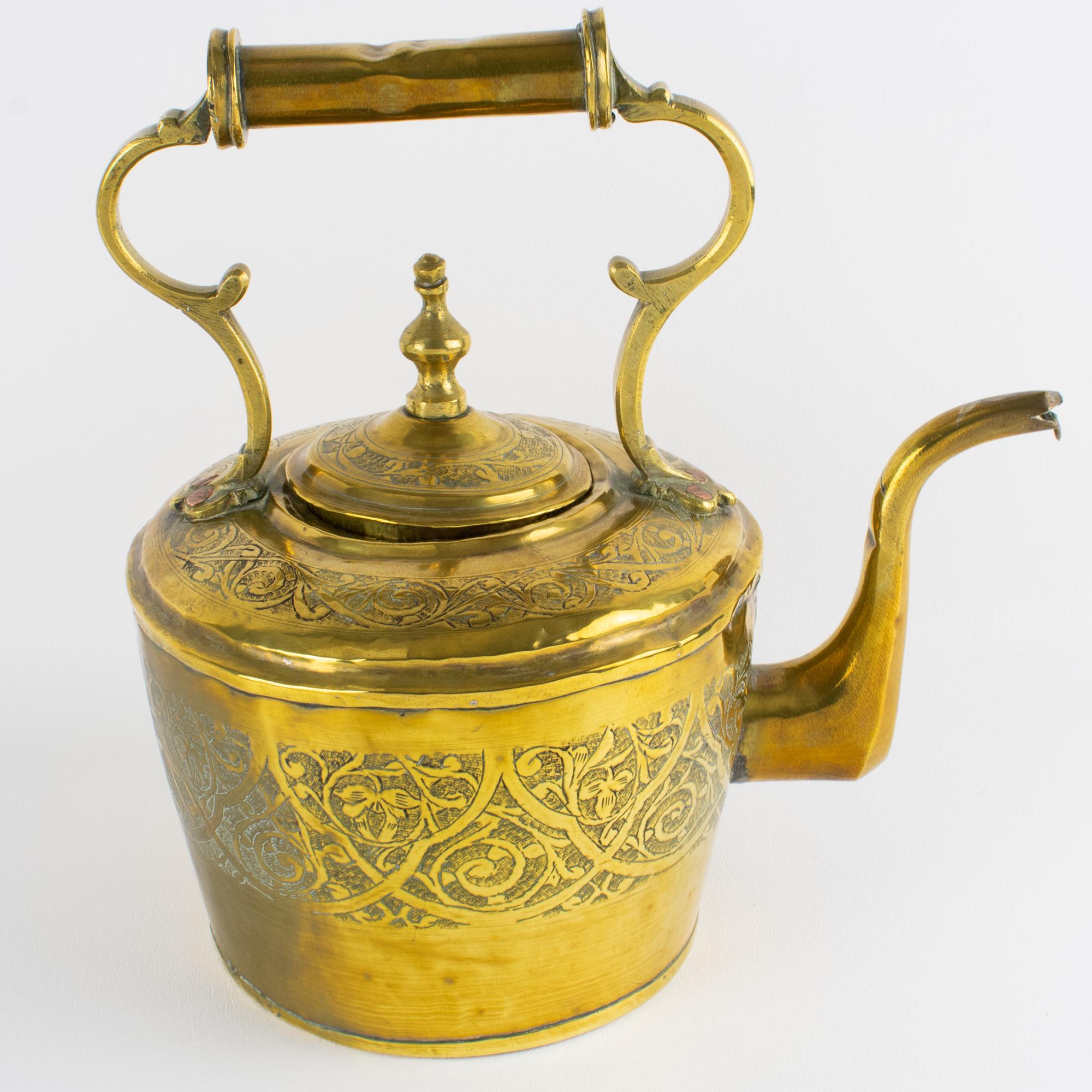 Antique Moroccan Repoussé and Carved Brass Tea Kettle, circa 1880 For Sale 1