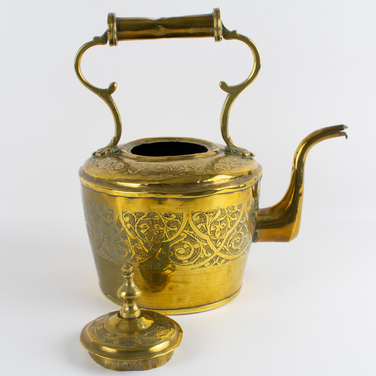 Antique Moroccan Repoussé and Carved Brass Tea Kettle, circa 1880 For Sale 2