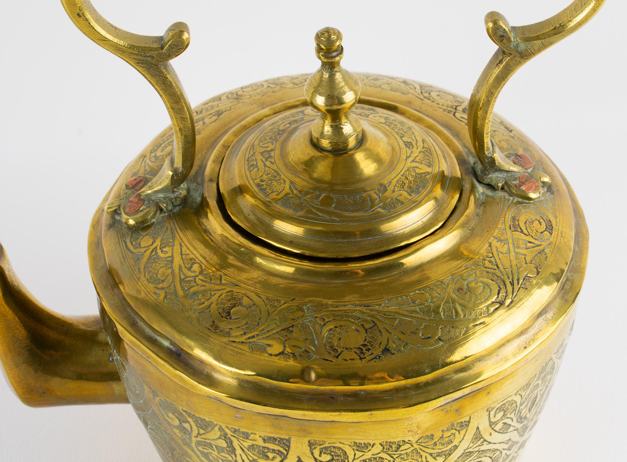 Antique Moroccan Repoussé and Carved Brass Tea Kettle, circa 1880 For Sale 3