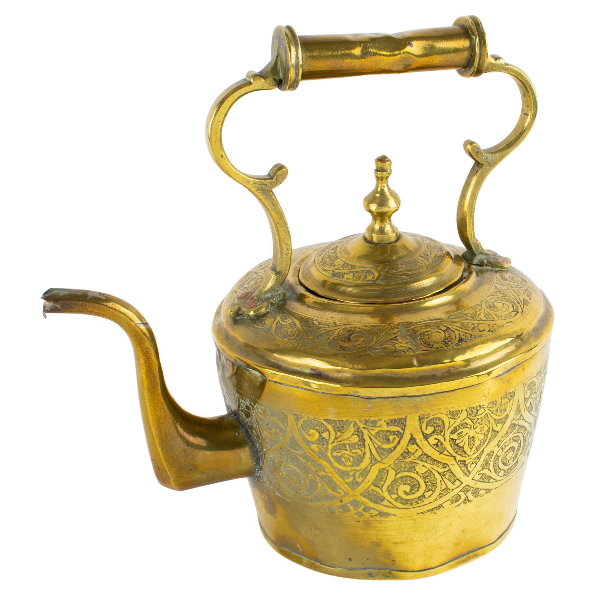 Antique Moroccan Repoussé and Carved Brass Tea Kettle, circa 1880 For Sale
