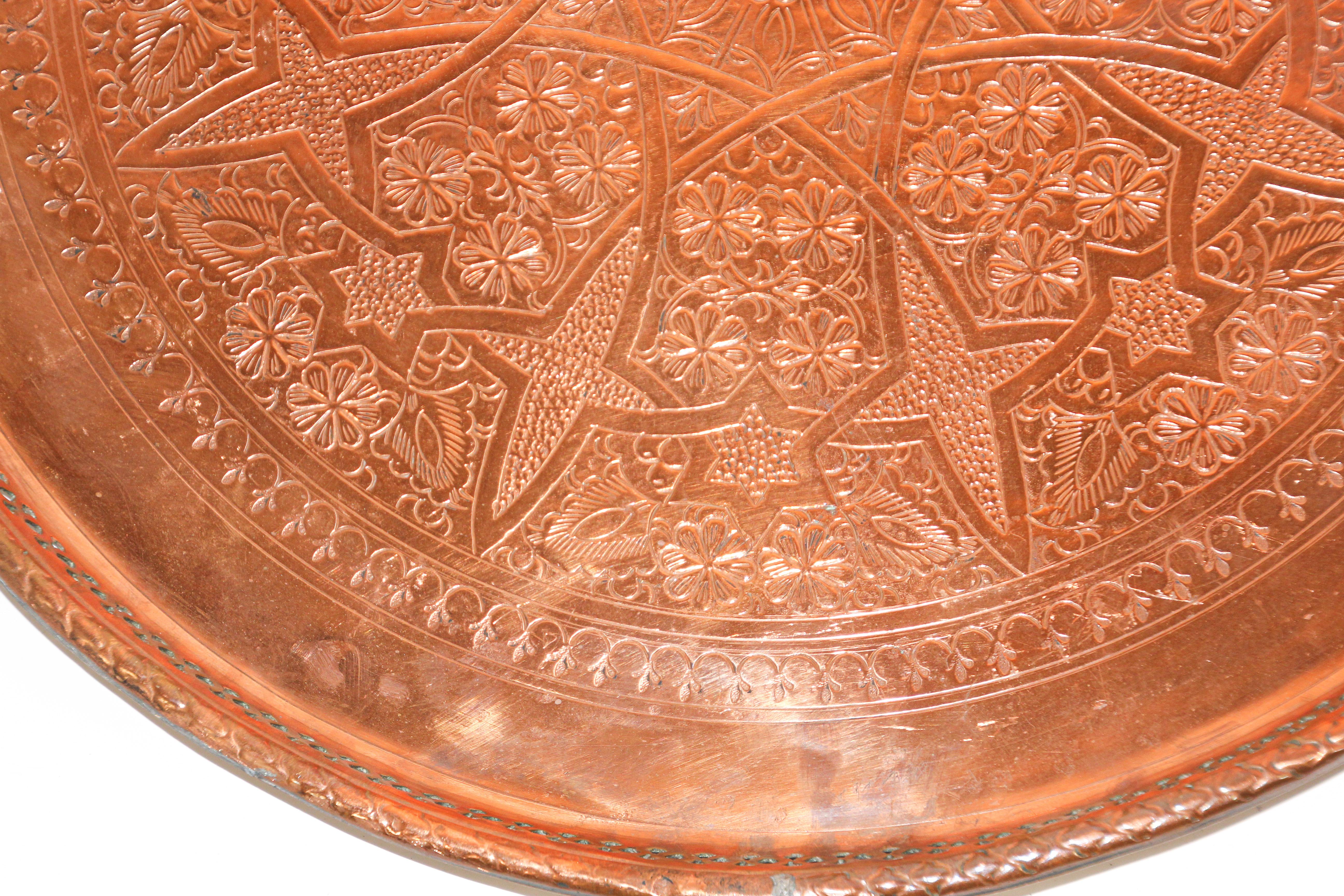 Moroccan Antique Moorish Round Copper Tray