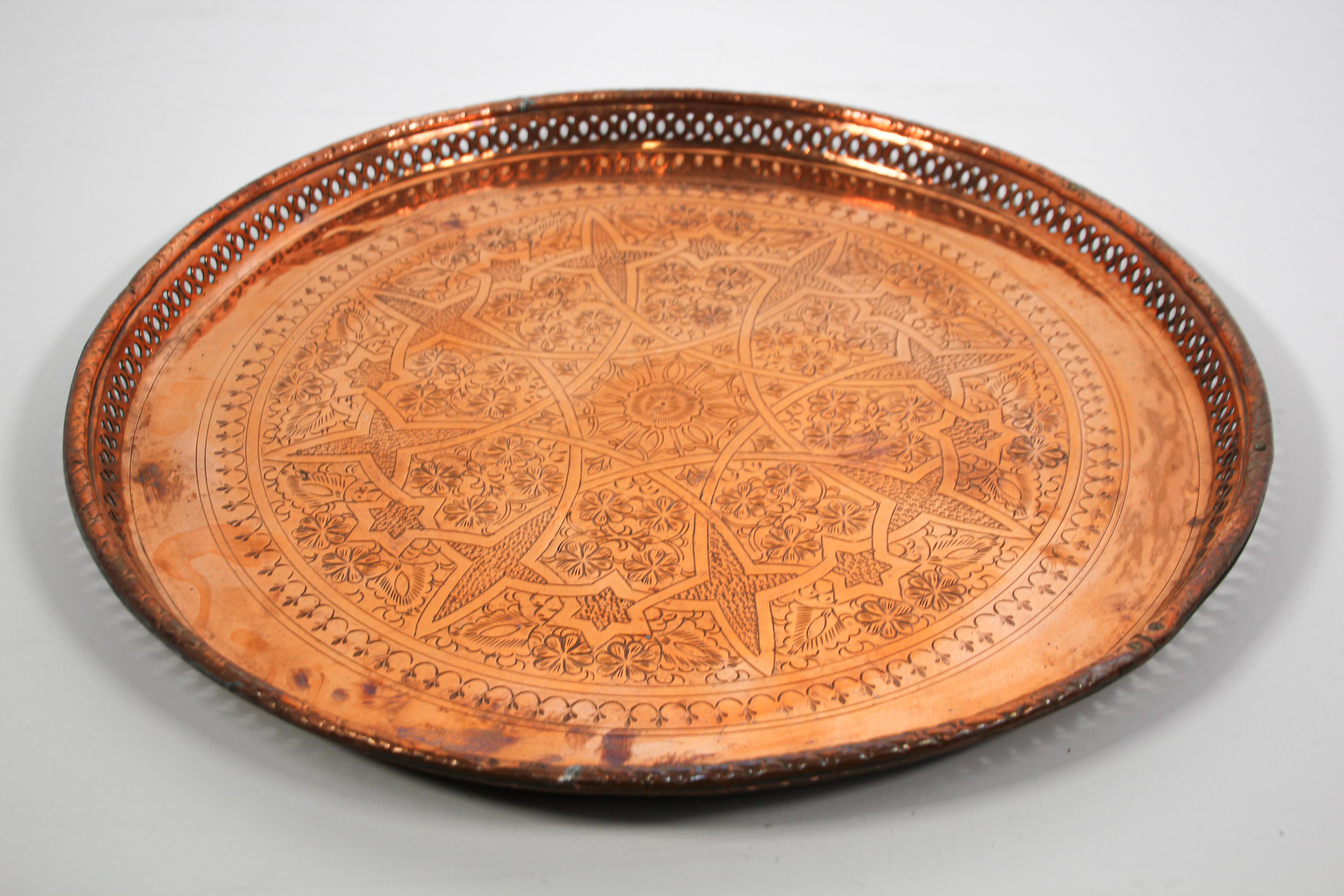 Hammered Antique Moorish Round Copper Tray