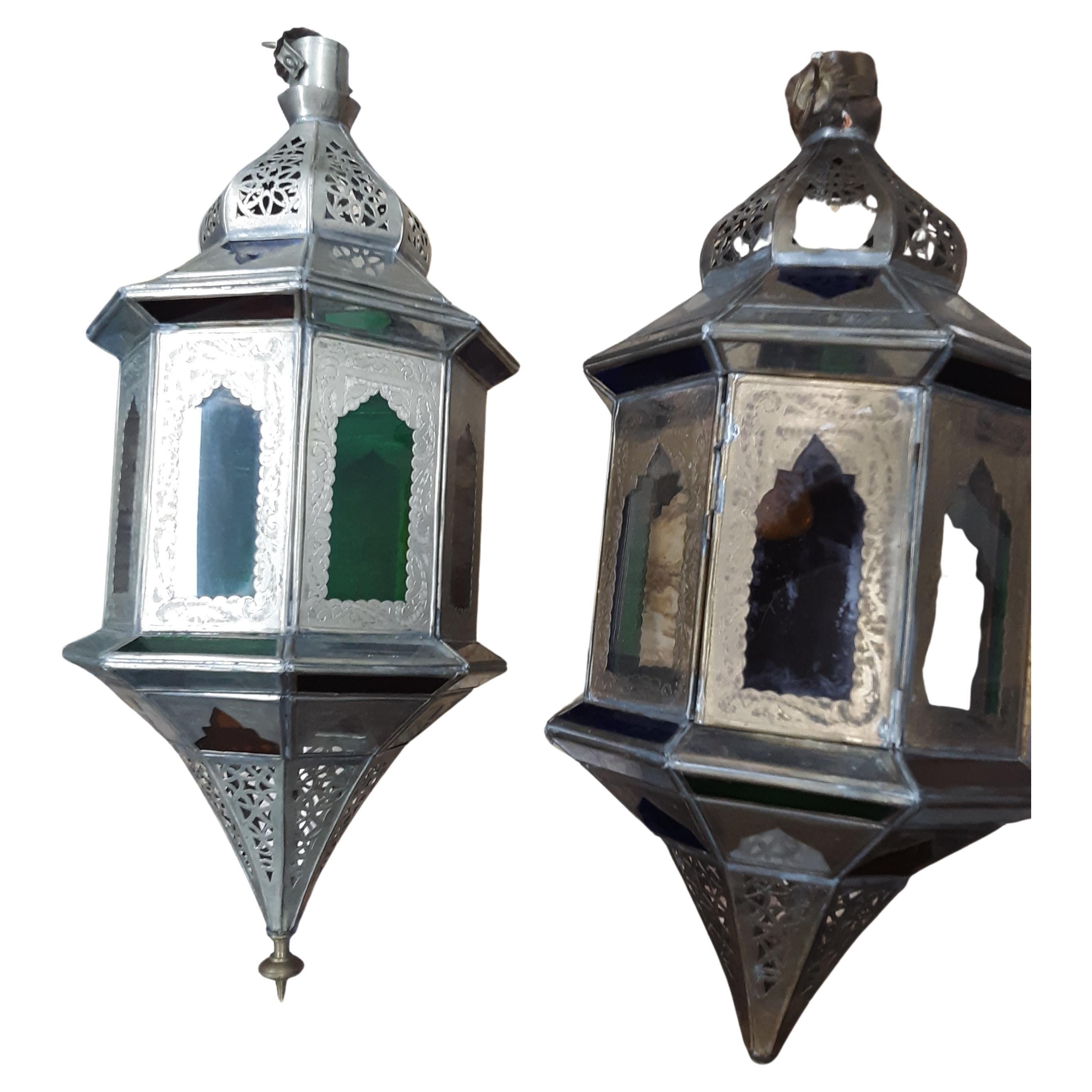 Antique Moroccan Set of 2 Brass Lamps, circa 1960 For Sale