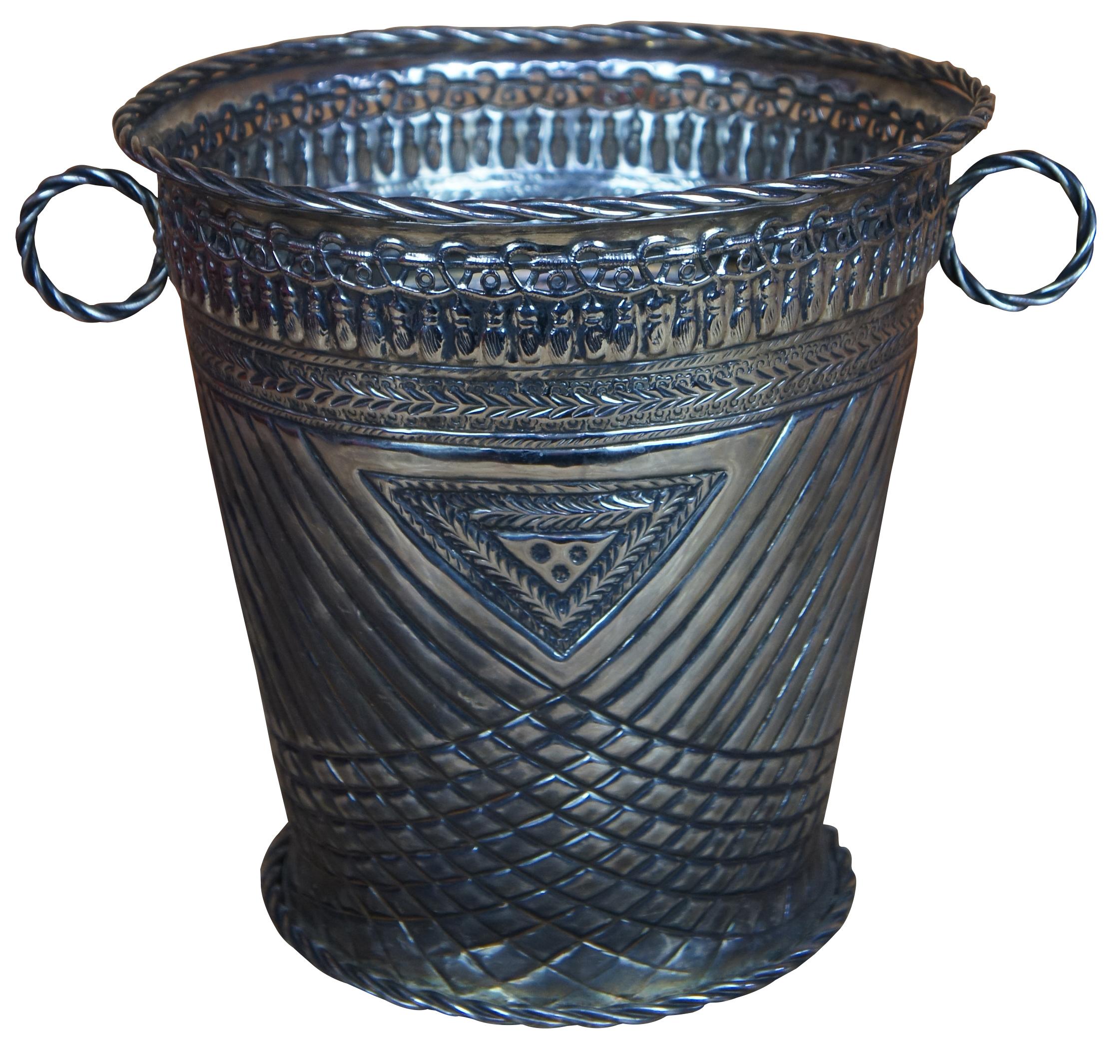 Bohemian Antique Moroccan Silver Hammam Hammered Reticulated Bucket Ice Wine Trash Can