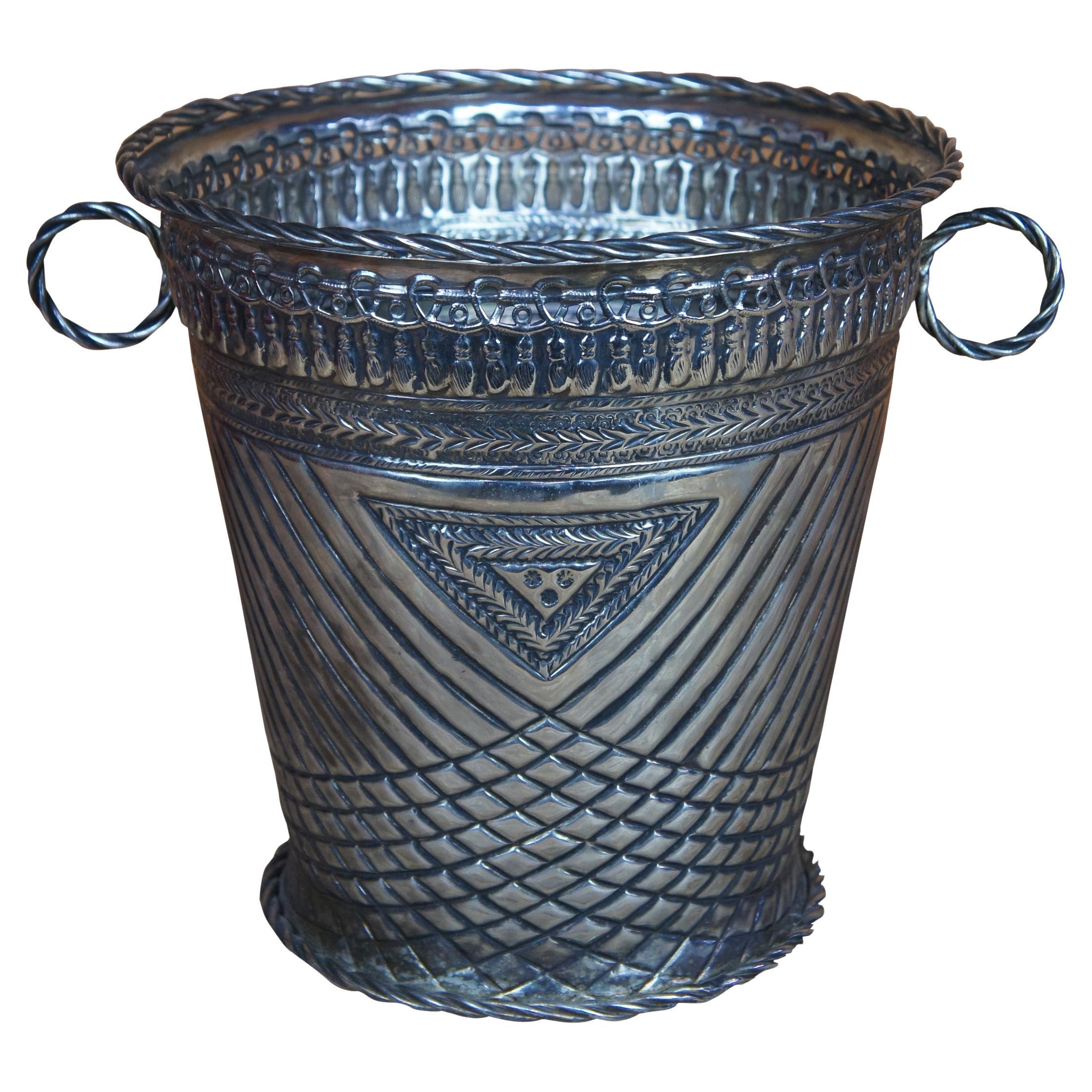 Antique Moroccan Silver Hammam Hammered Reticulated Bucket Ice Wine Trash Can