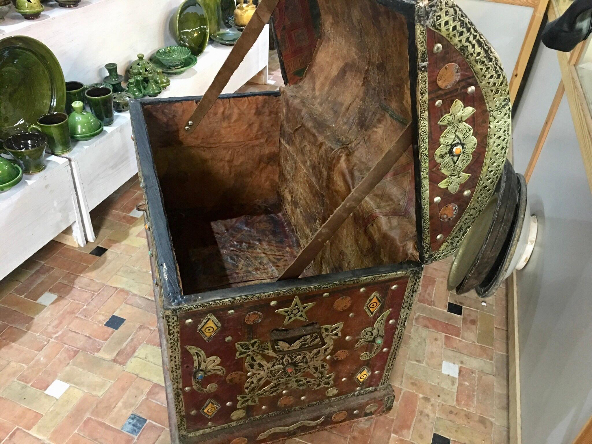 19th Century Large Antique Moroccan Chest - Tuareg Leather, Bone, Silver, Gems - Boho Luxe For Sale