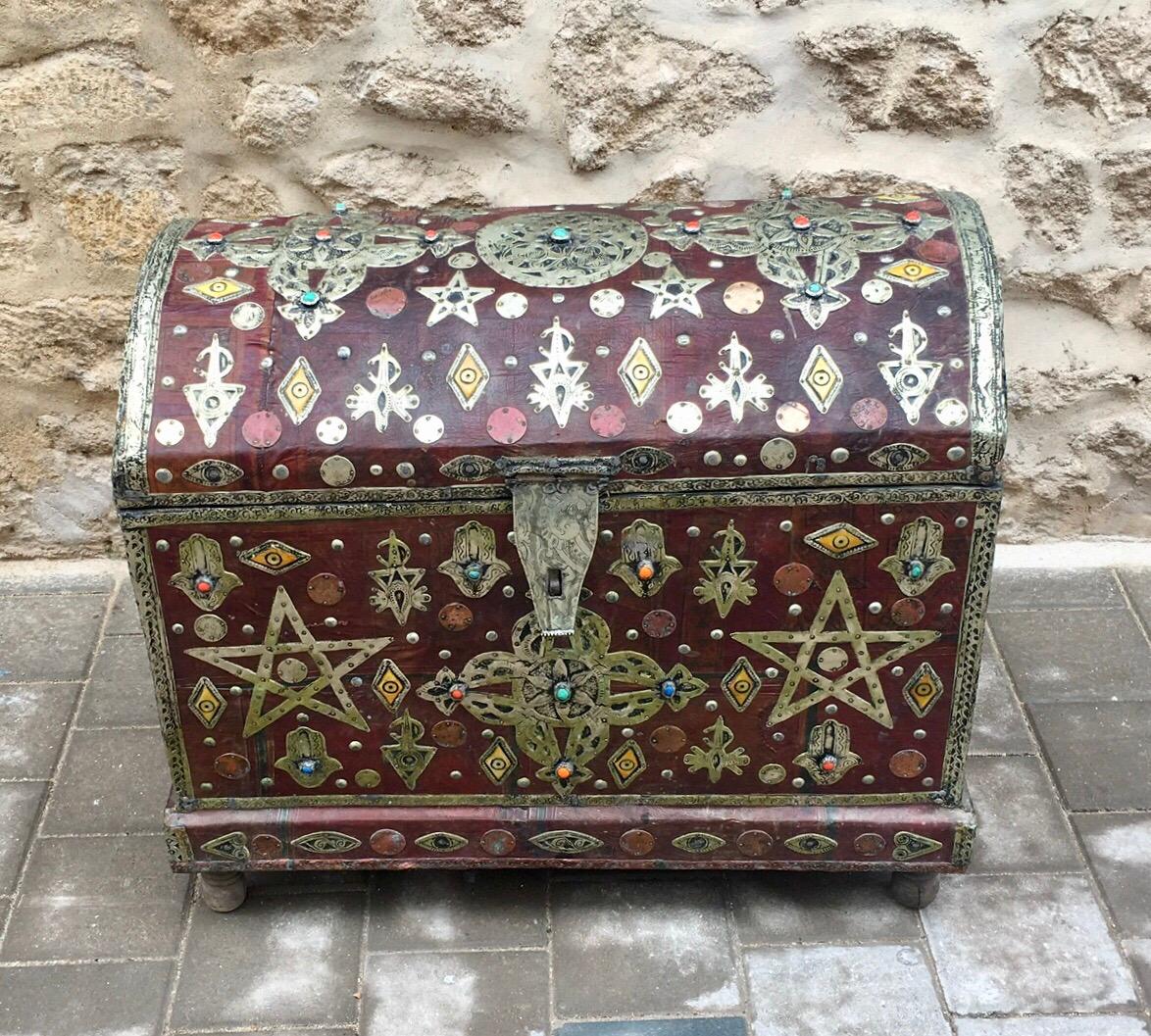 This antique dowry trunk was originally filled with Fine clothes, bedding, and jewelry, then presented by a husband to his future wife. Made in southern Morocco, the wood dates from the early 1800s and is tamarix (a type of cedar) covered in