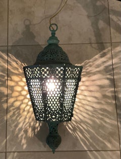 Antique Moroccan Verdigris Copper Lantern – Hand-Pierced Openwork
