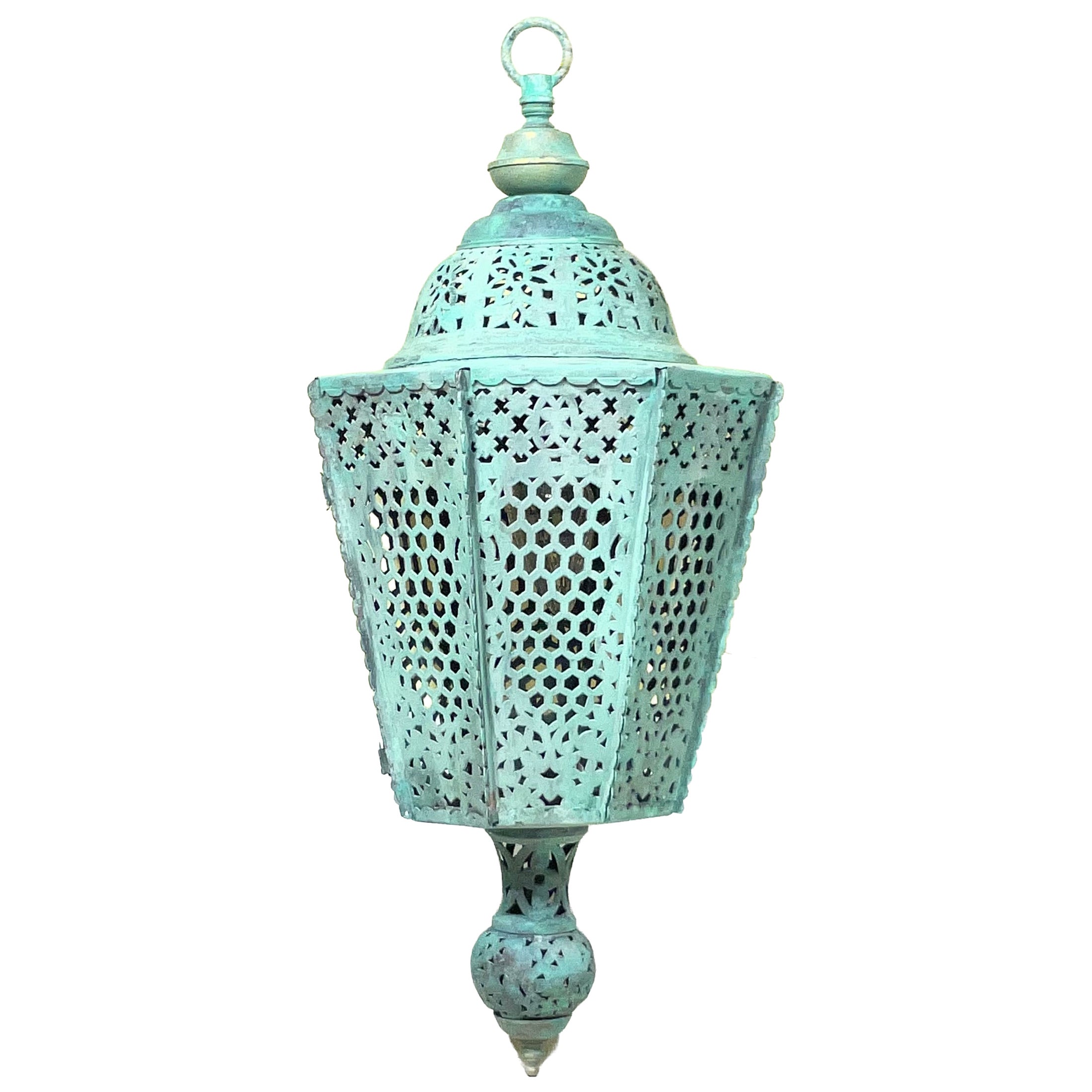 Antique Moroccan Verdigris Copper Lantern – Hand-Pierced Openwork For Sale