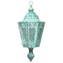 Antique Moroccan Verdigris Copper Lantern – Hand-Pierced Openwork