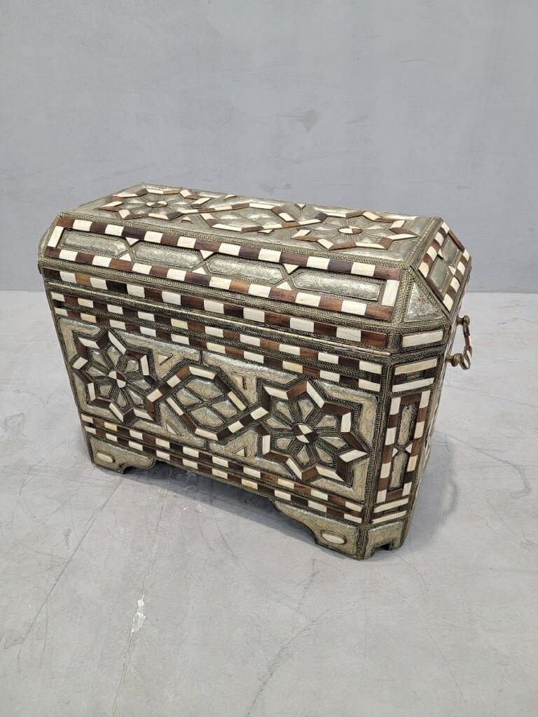 Islamic Antique Moroccan Wood Inlaid Bone & Hammered Metal Leather Lined Storage Chest