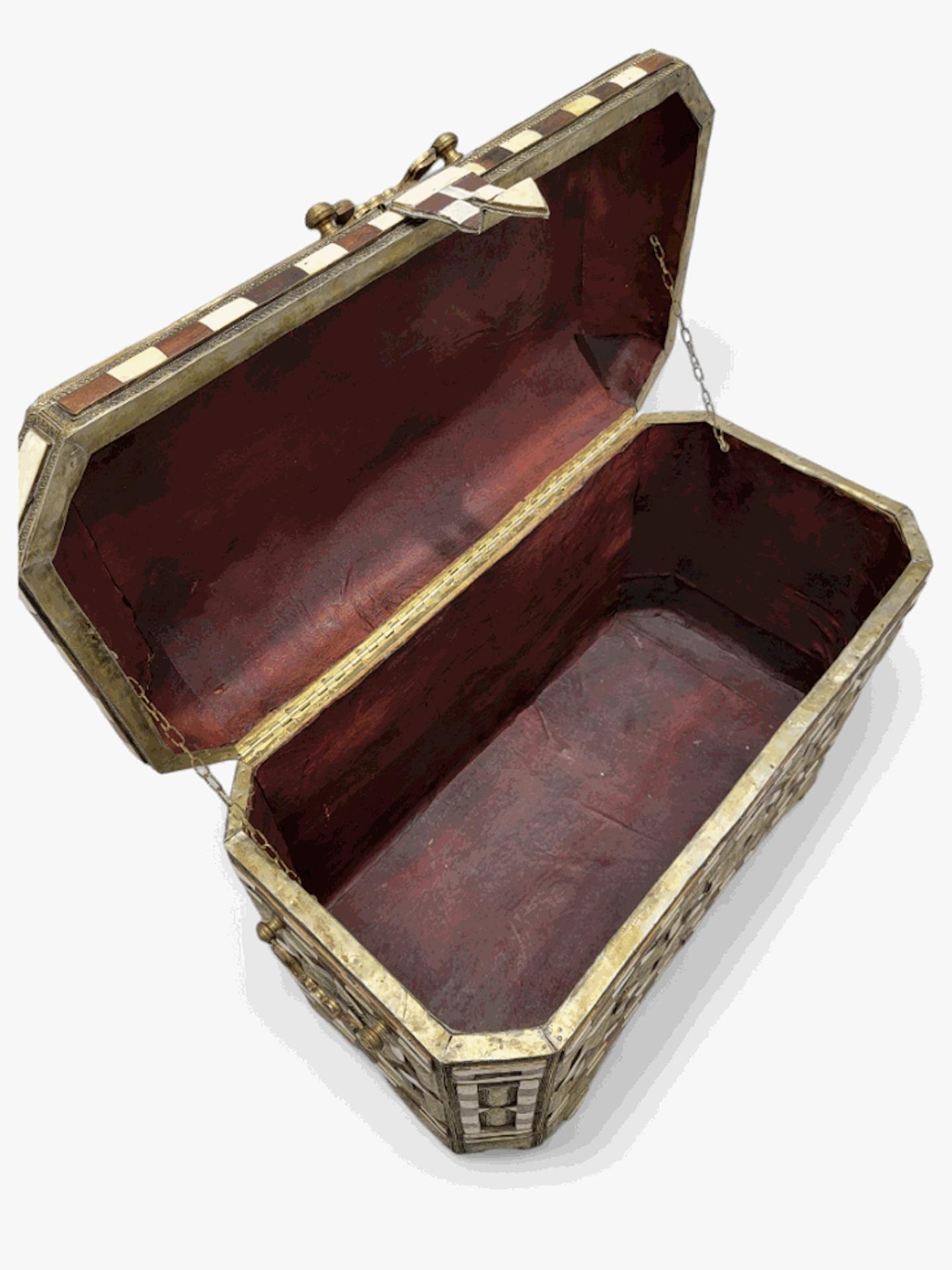20th Century Antique Moroccan Wood Inlaid Bone & Hammered Metal Leather Lined Storage Chest