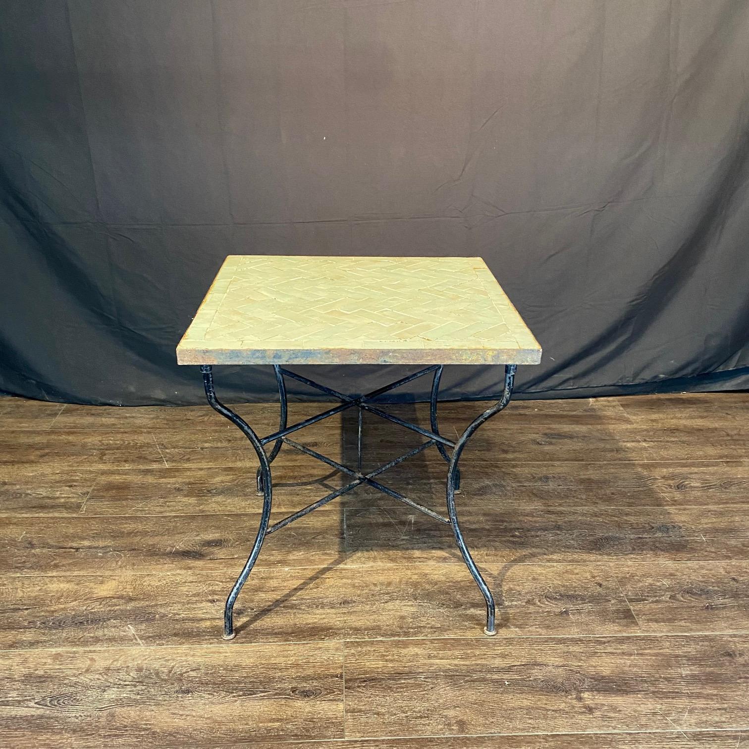 Portuguese Antique Mosaic Bistro Side Table with Herringbone Iridescent Tiles For Sale