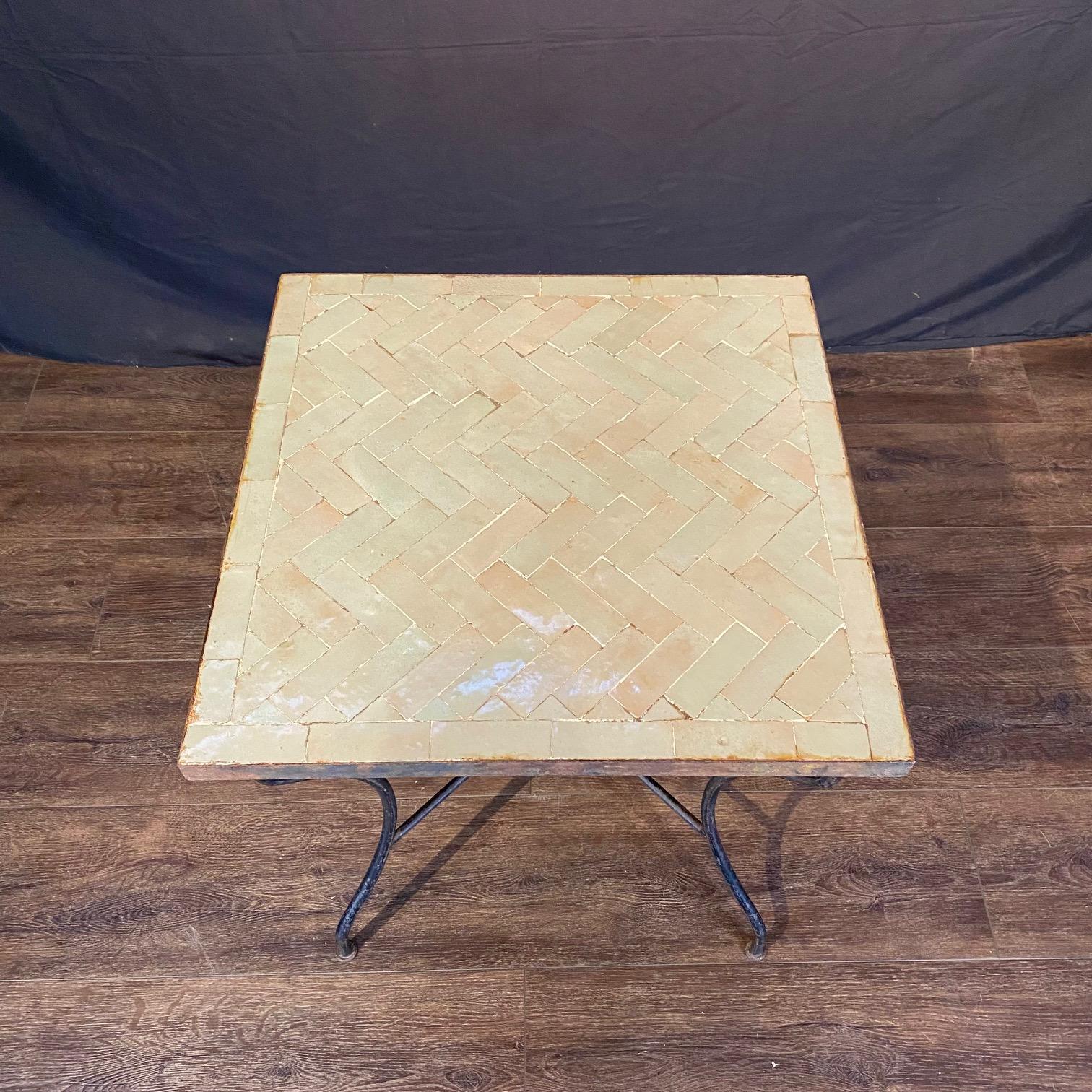 Ceramic Antique Mosaic Bistro Side Table with Herringbone Iridescent Tiles For Sale
