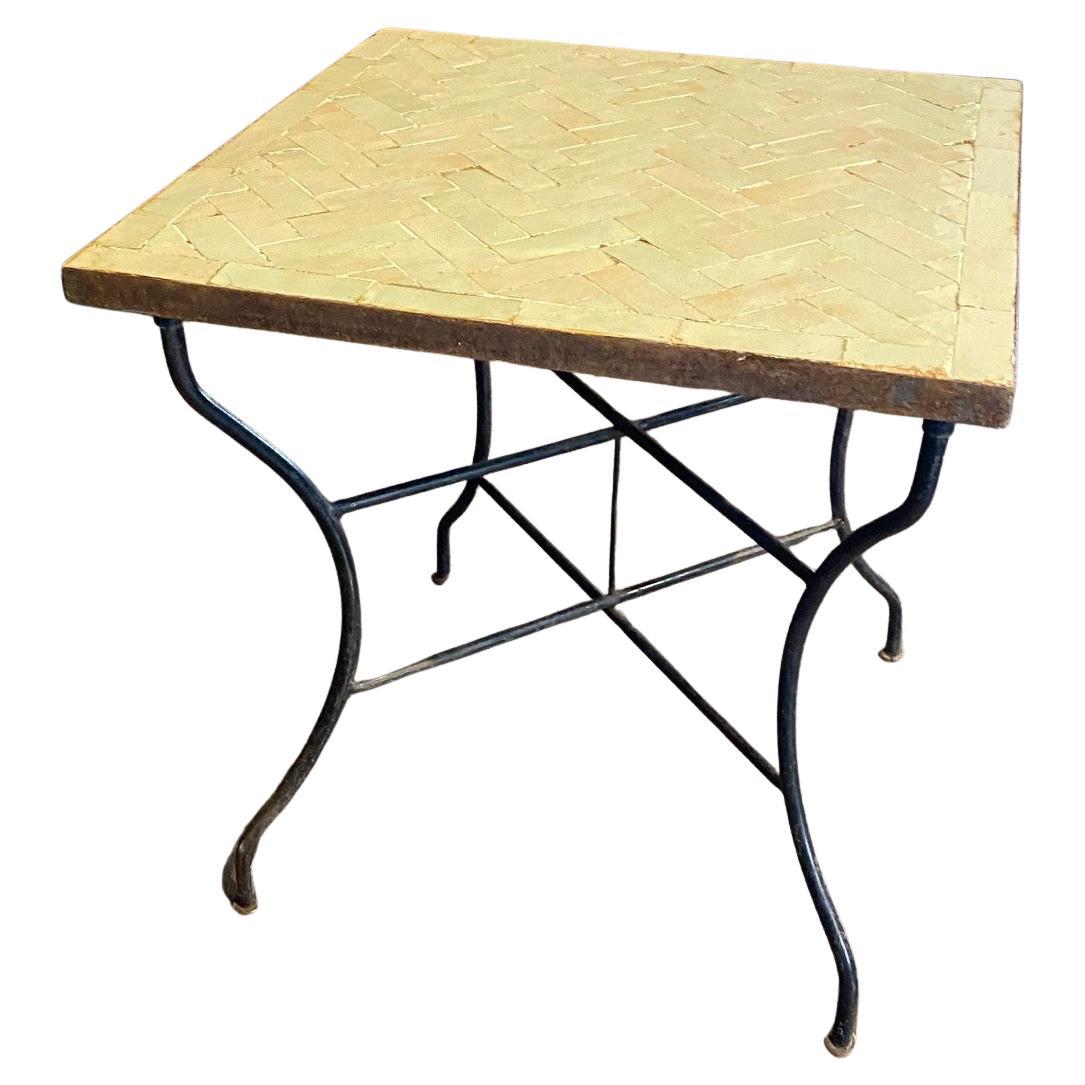 Antique Mosaic Bistro Side Table with Herringbone Iridescent Tiles For Sale