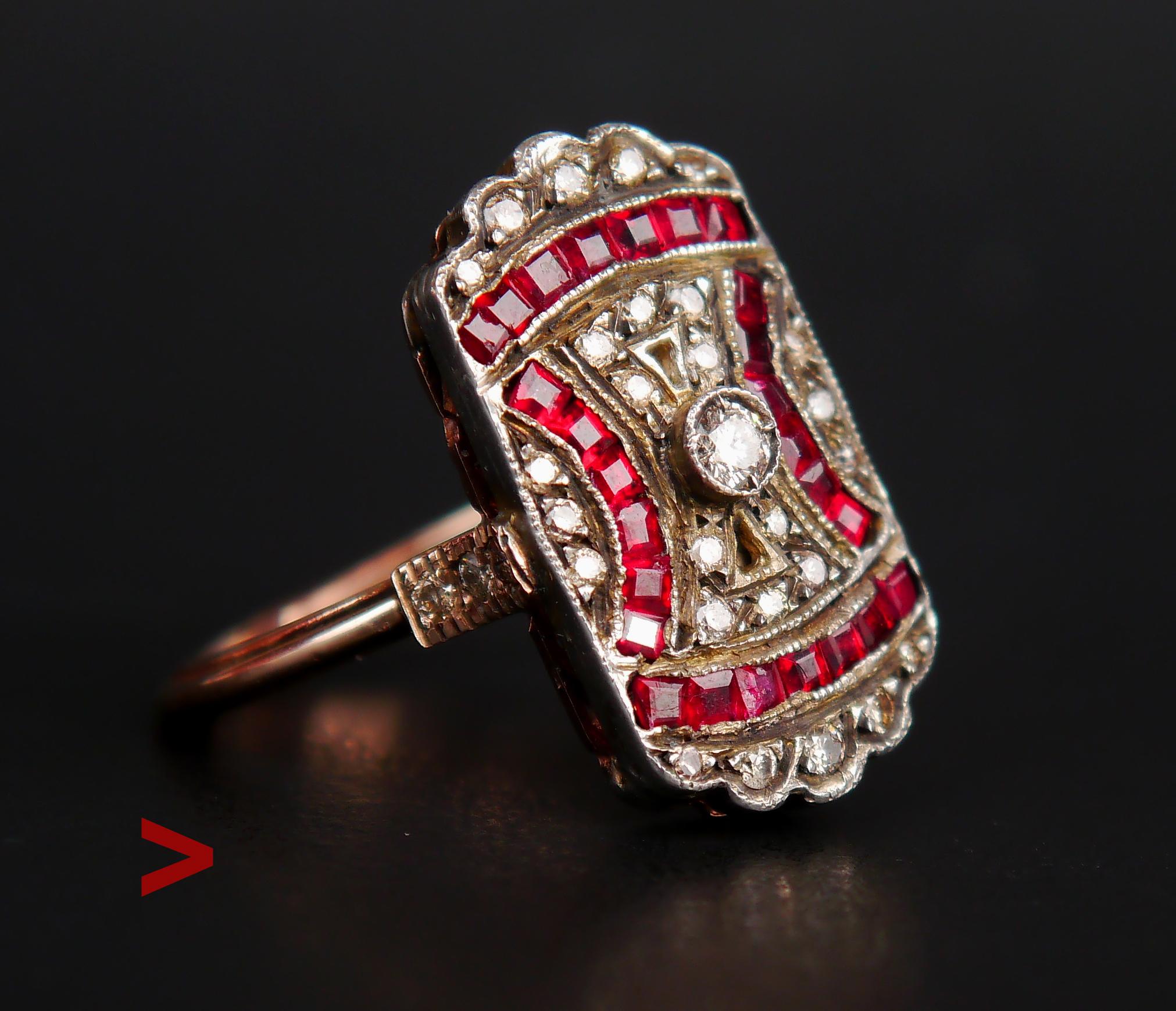 Antique early 1900's fanciest European cluster Ring featuring Silver on solid 14K Rose Gold with Diamonds and Rubies. Presumably German or French made, this ring was a part of 2nd World War trophies of a Red Army officer who fought his way from