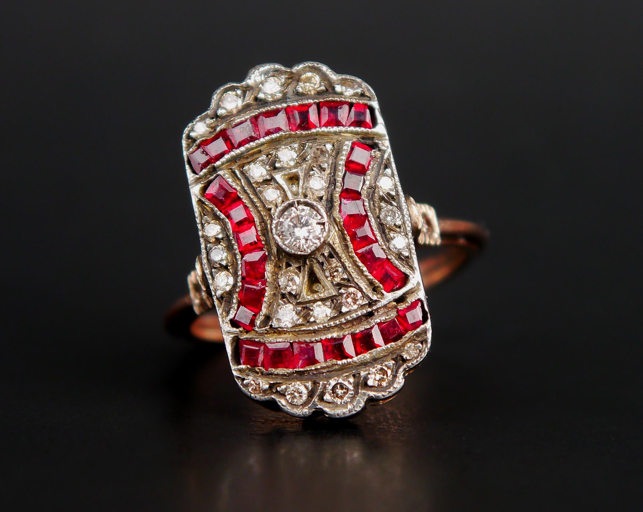 Art Nouveau Antique Mosaic Ring Diamonds Ruby solid 14K Gold Silver US6.75/ 5gr For Sale