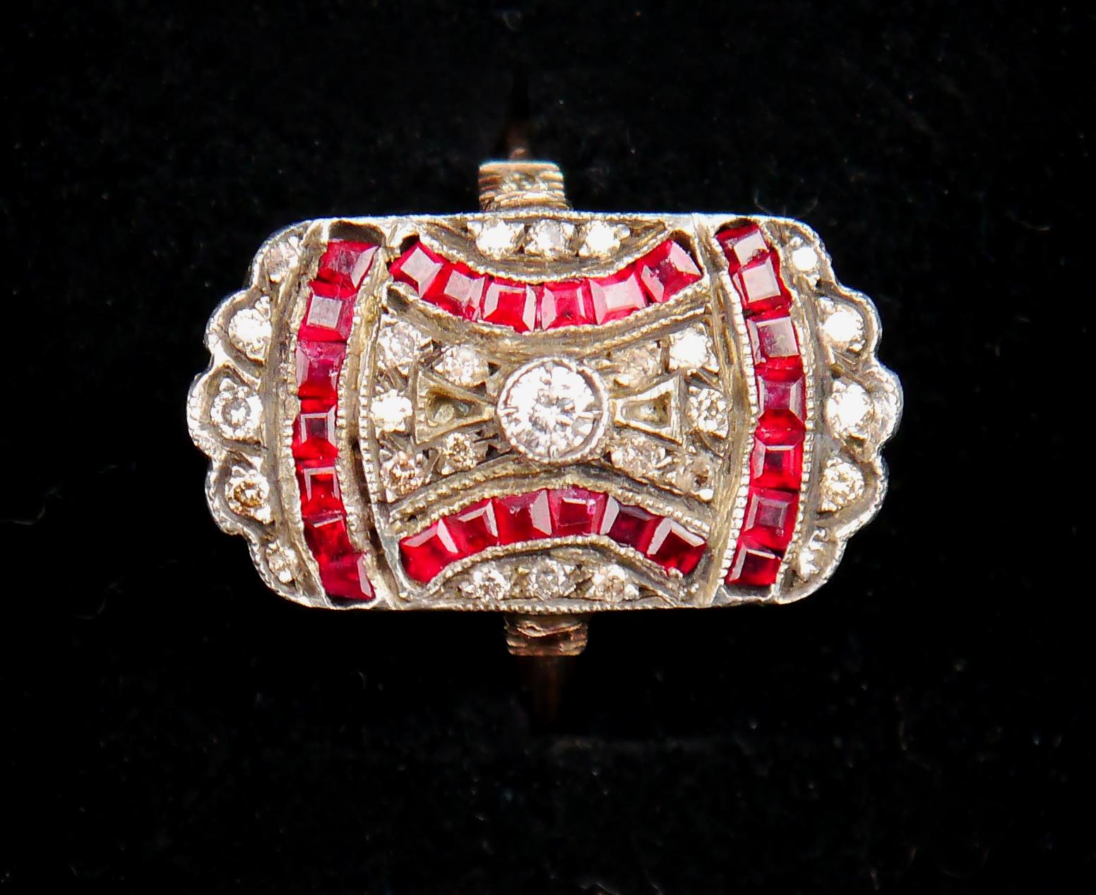 Old European Cut Antique Mosaic Ring Diamonds Ruby solid 14K Gold Silver US6.75/ 5gr For Sale