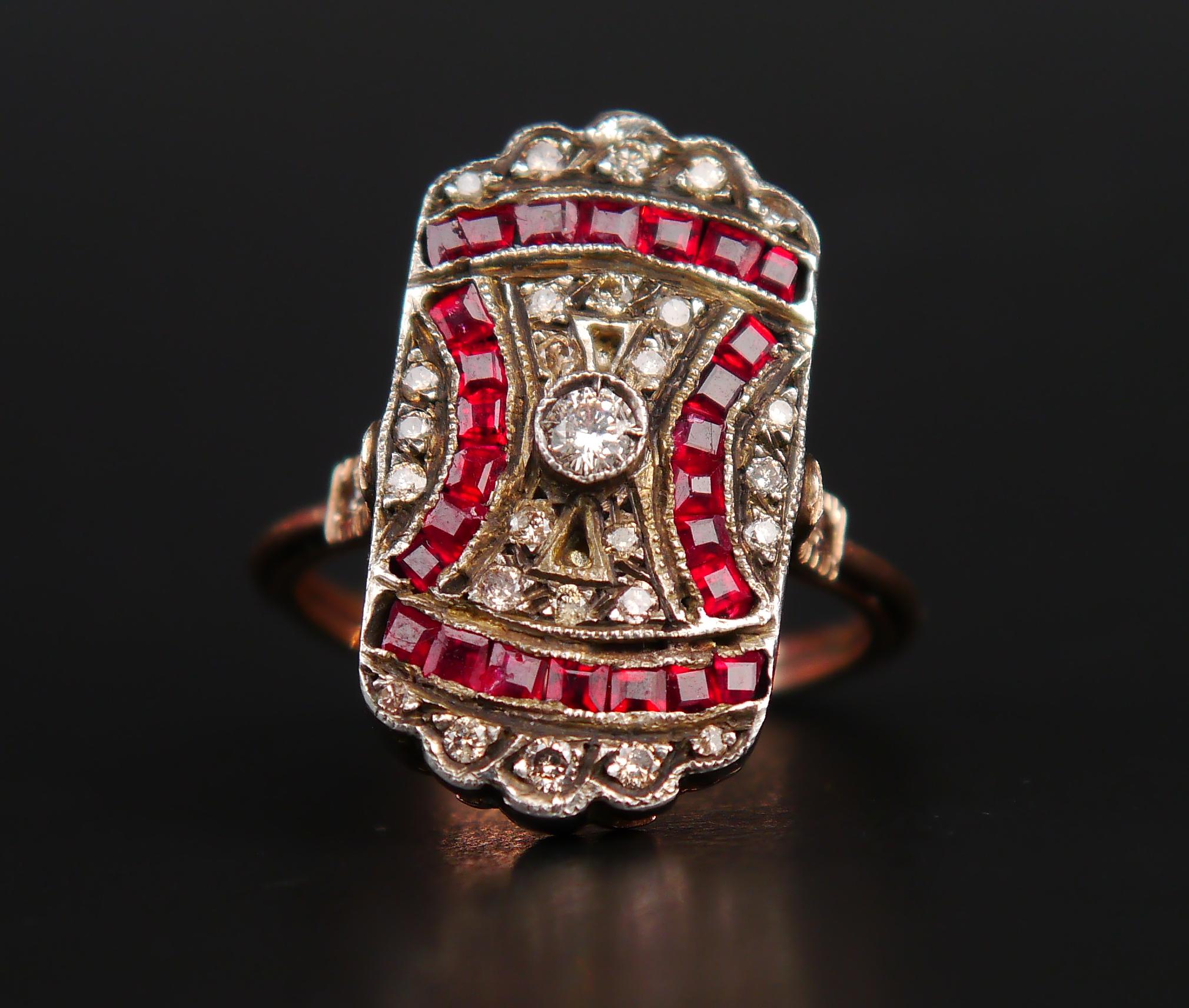 Women's Antique Mosaic Ring Diamonds Ruby solid 14K Gold Silver US6.75/ 5gr For Sale
