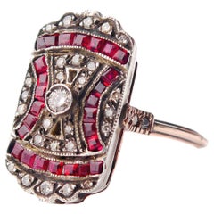 Antique Mosaic Ring Diamonds Ruby solid 14K Gold Silver US6.75/ 5gr