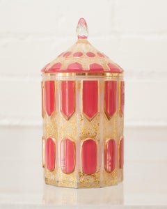 Antique Moser White Art Glass Canister with Pink Cabochon Panels and Lid
