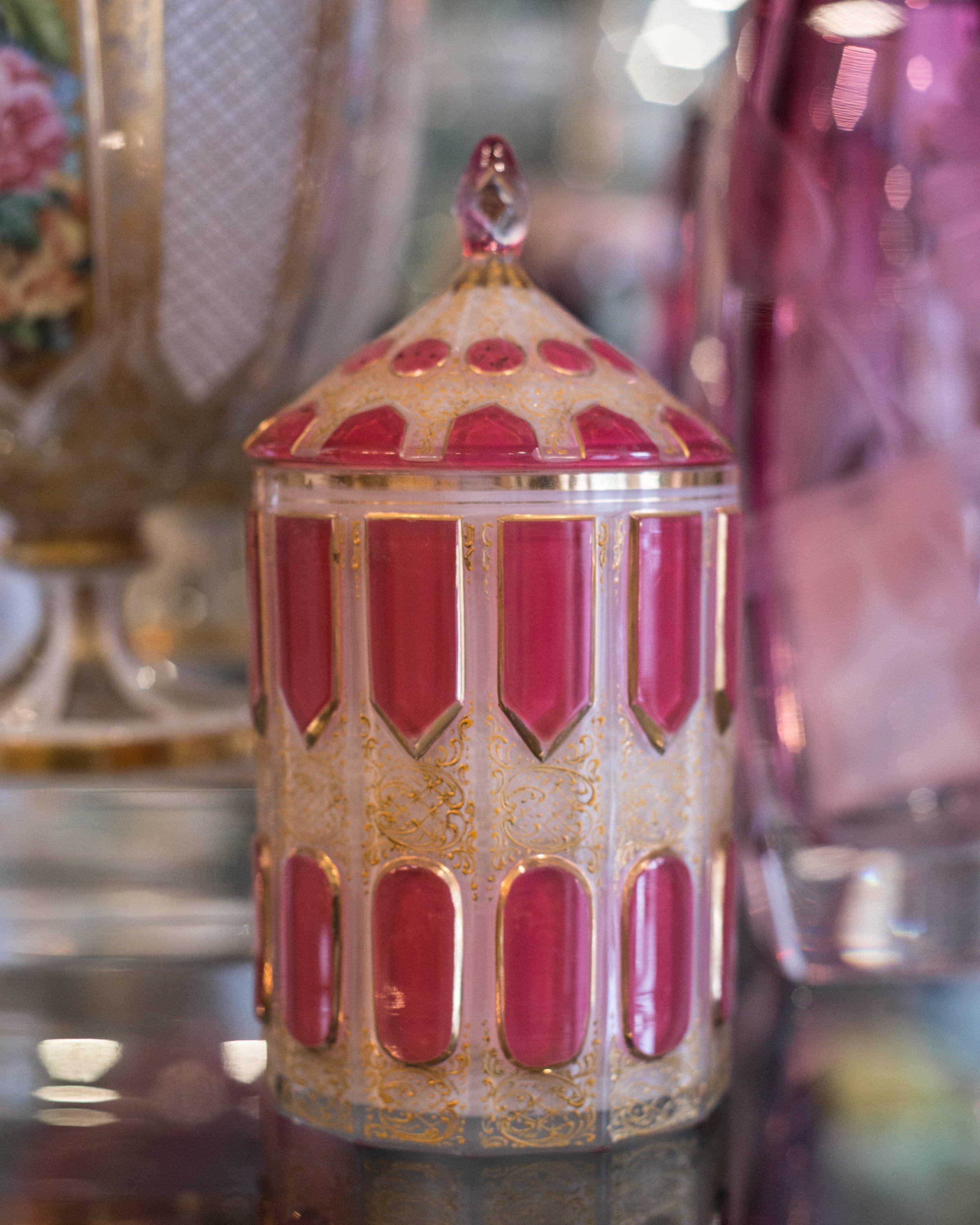 Czech Antique Moser White Art Glass Canister with Pink Cabochon Panels and Lid For Sale