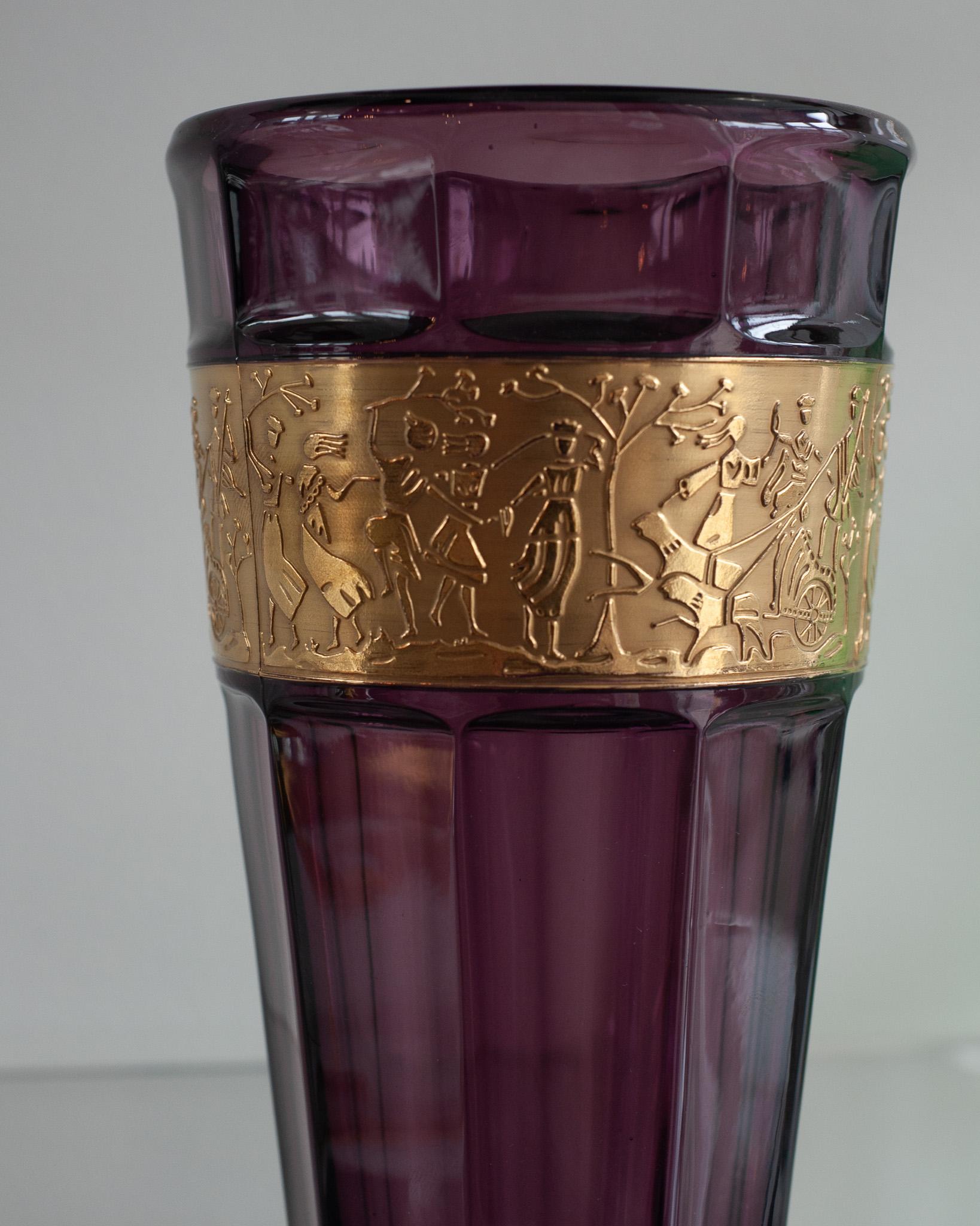 Czech Antique Moser Art Nouveau Amethyst Vase with Gilded Gold Freize For Sale