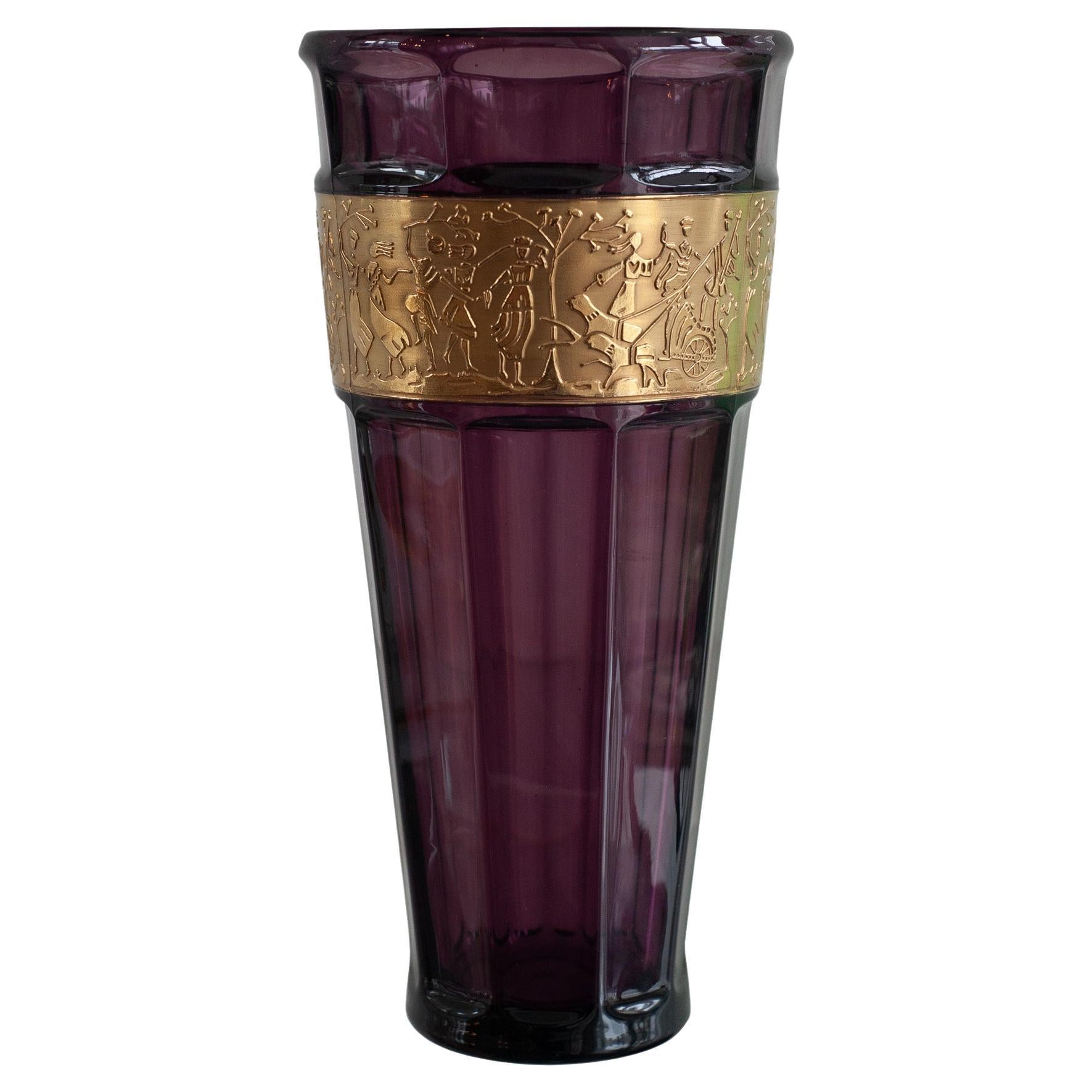Antique Moser Art Nouveau Amethyst Vase with Gilded Gold Freize For Sale