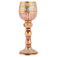 Antiguo Cáliz Moser de Bohemia en vidrio esmaltado y dorado, Siglo XIX