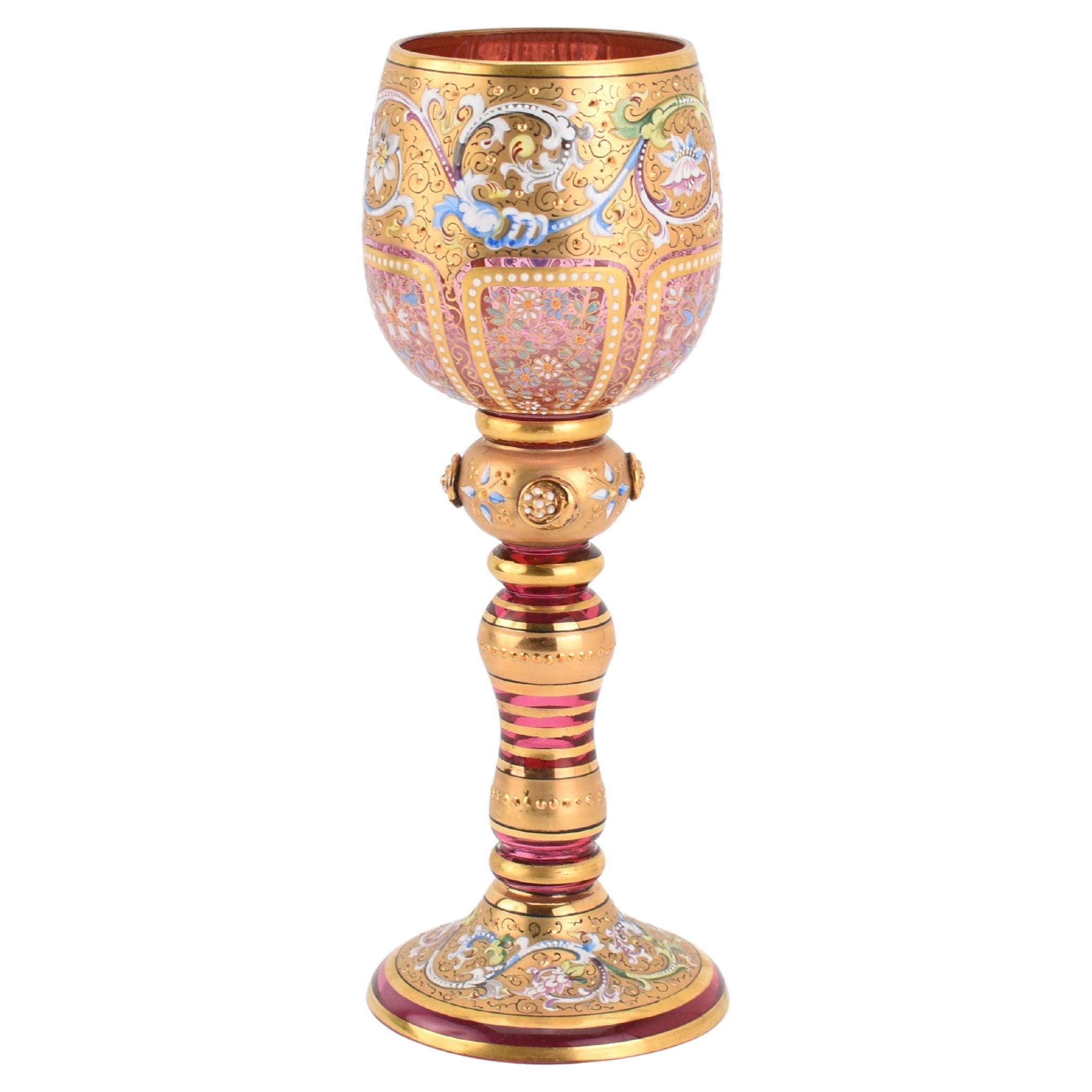 Czech Antique Moser Bohemian Cranberry Enameled Gilded Glass Goblet, 19th Century For Sale