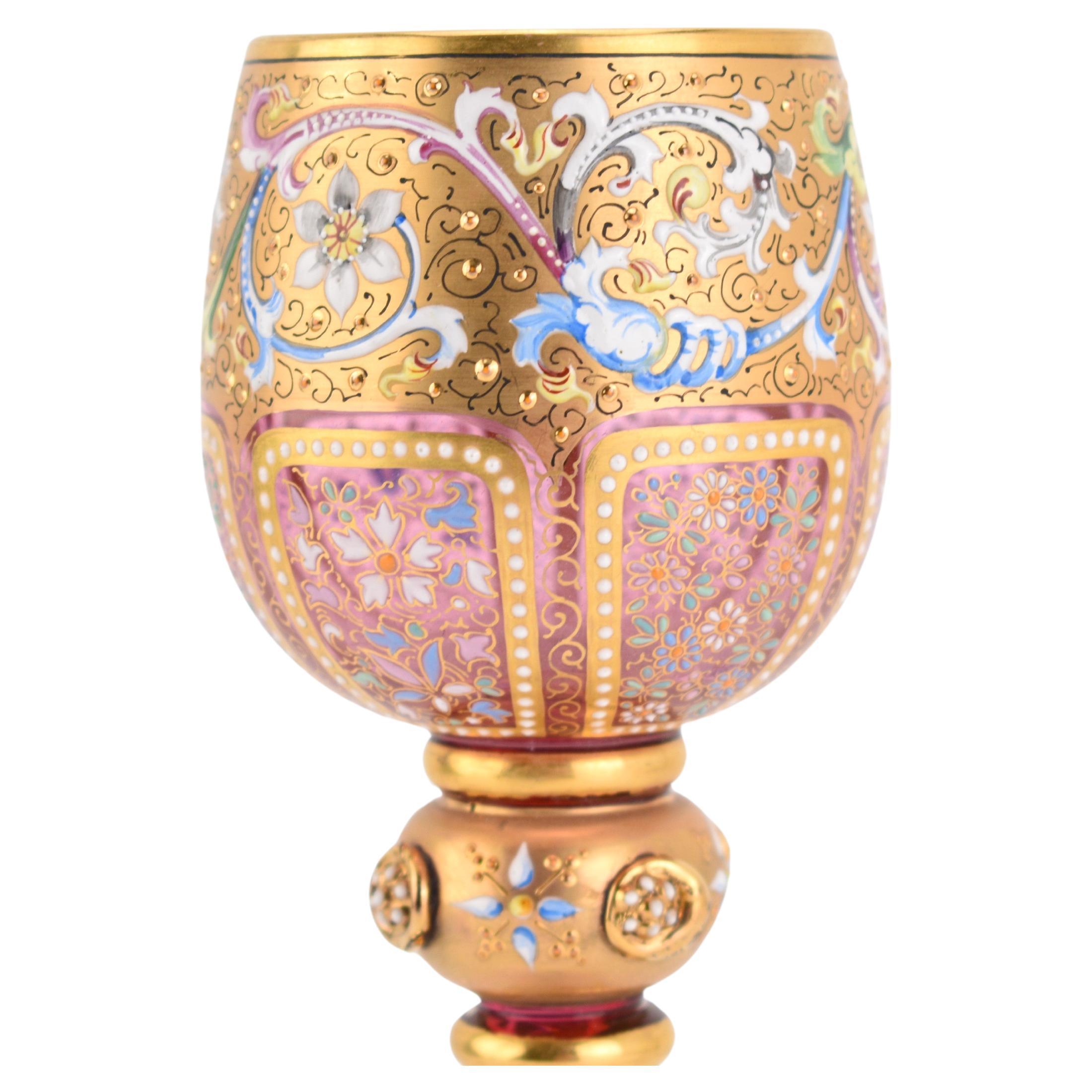 Antique Moser Bohemian Cranberry Enameled Gilded Glass Goblet, 19th Century In Good Condition For Sale In Rostock, MV