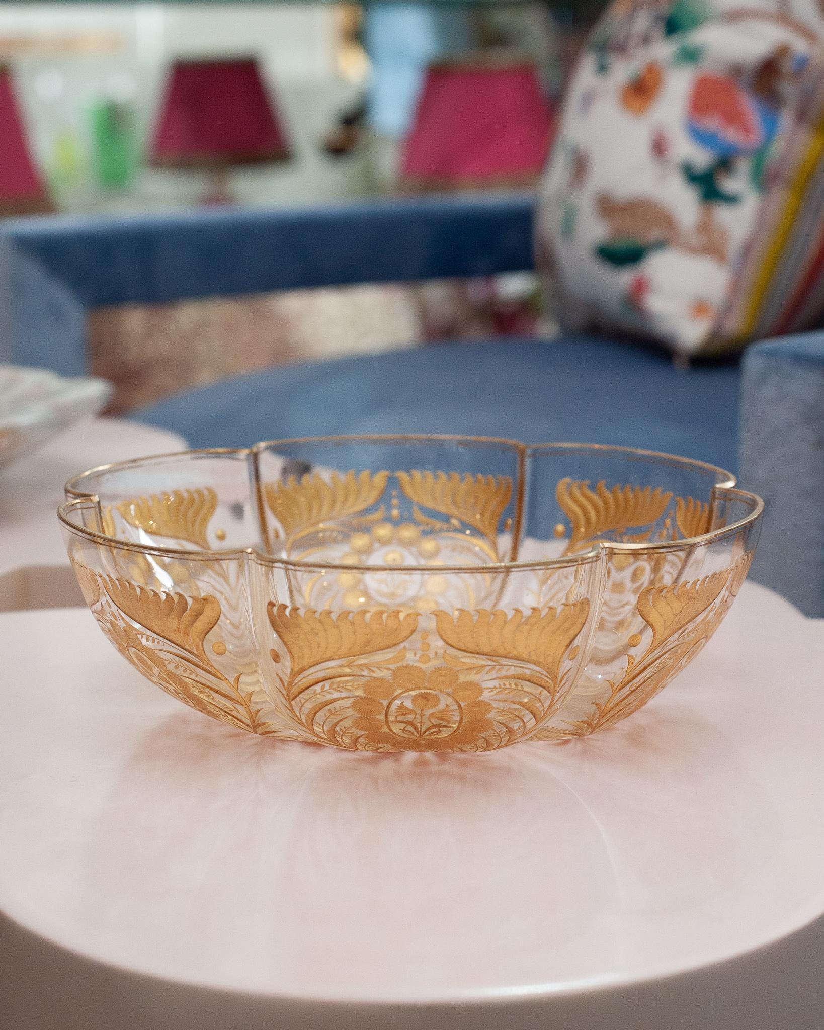 A stunning and ornately etched and gilded antique Moser scalloped crystal bowl. A fine example of top quality craftsmanship from the turn of the century. Perfect for decorative or serving use.