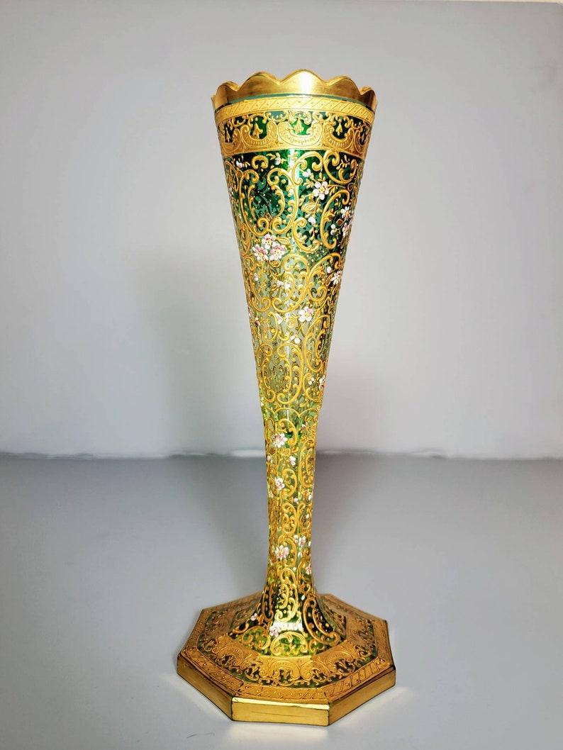 Magnificent, fine quality Bohemian art glass by Moser Glassworks from the turn of the late 19th to early 20th century. Exquisitely hand-blown in Bohemia (present day Czech Republic) circa 1900, the vase in champagne flute form, fabulous transition