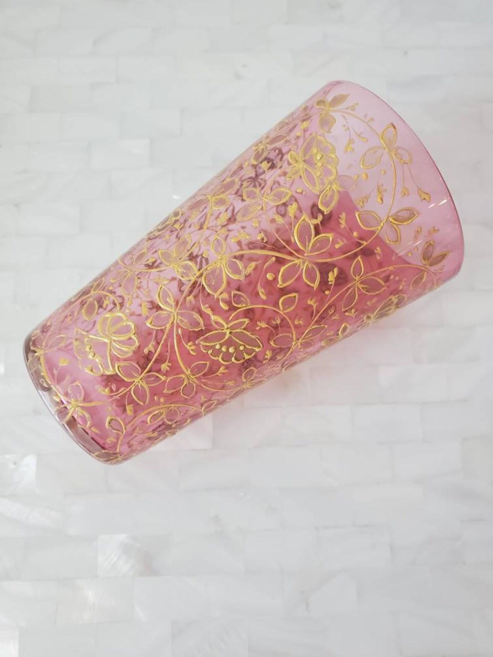 A beautiful Bohemian pink small glass fruit tumbler with exquisite applied gilt enameled decoration. Made by the Moser Glassworks factory, circa 1880 - 1930, unmarked. These tumblers are shown in the excellent book 