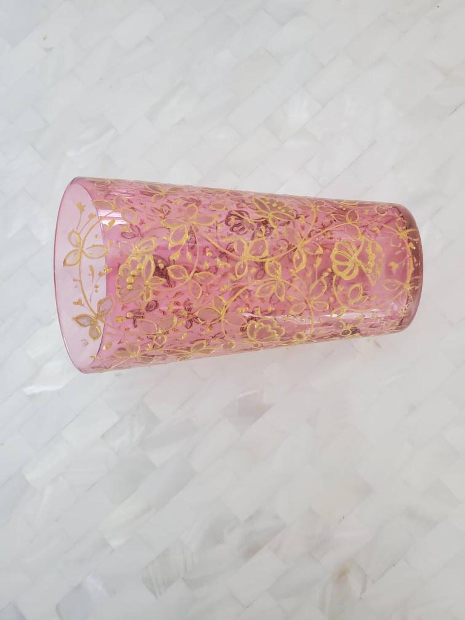 Czech Antique Moser Bohemian Hand Enameled Gilt Pink Art Glass Tumbler For Sale