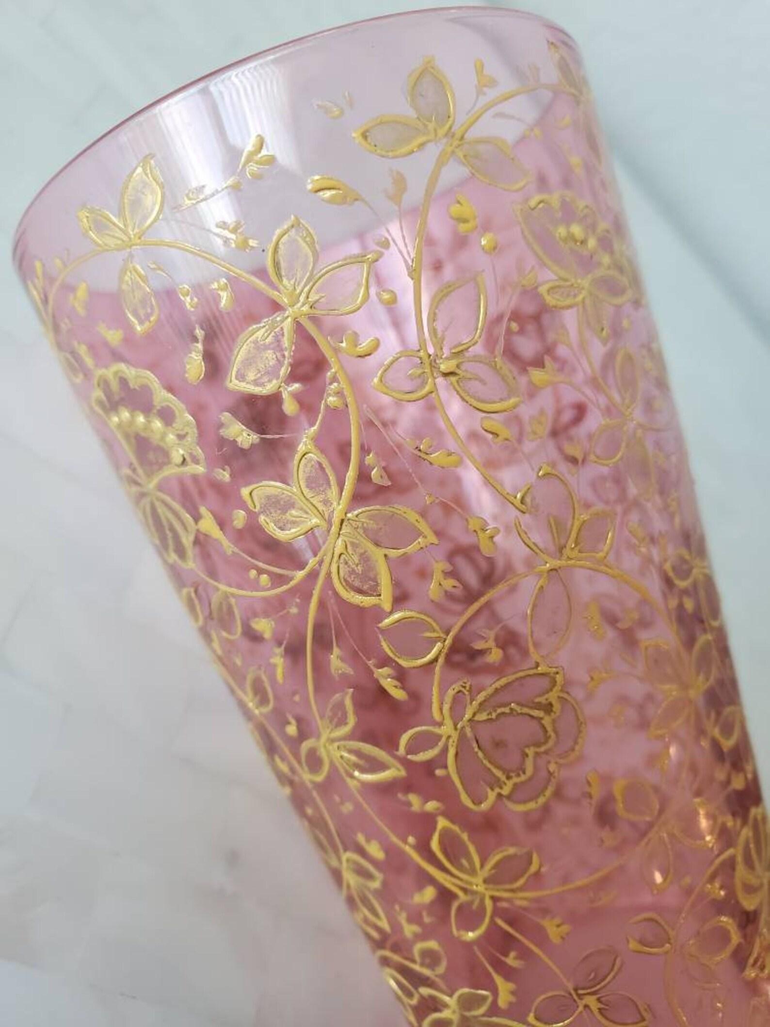 Antique Moser Bohemian Hand Enameled Gilt Pink Art Glass Tumbler In Good Condition For Sale In Forney, TX