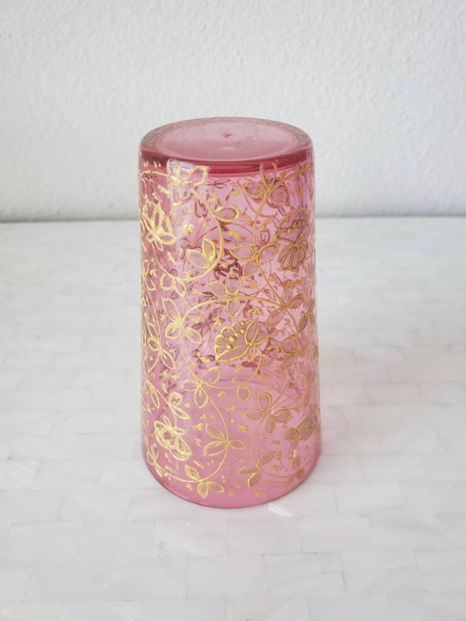 20th Century Antique Moser Bohemian Hand Enameled Gilt Pink Art Glass Tumbler For Sale