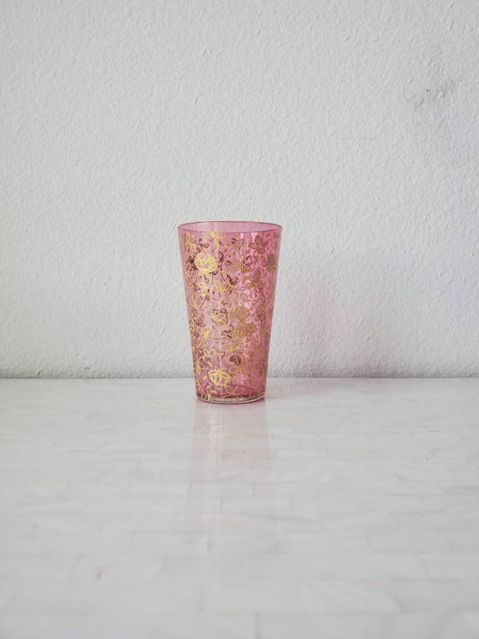 Antique Moser Bohemian Hand Enameled Gilt Pink Art Glass Tumbler For Sale 1