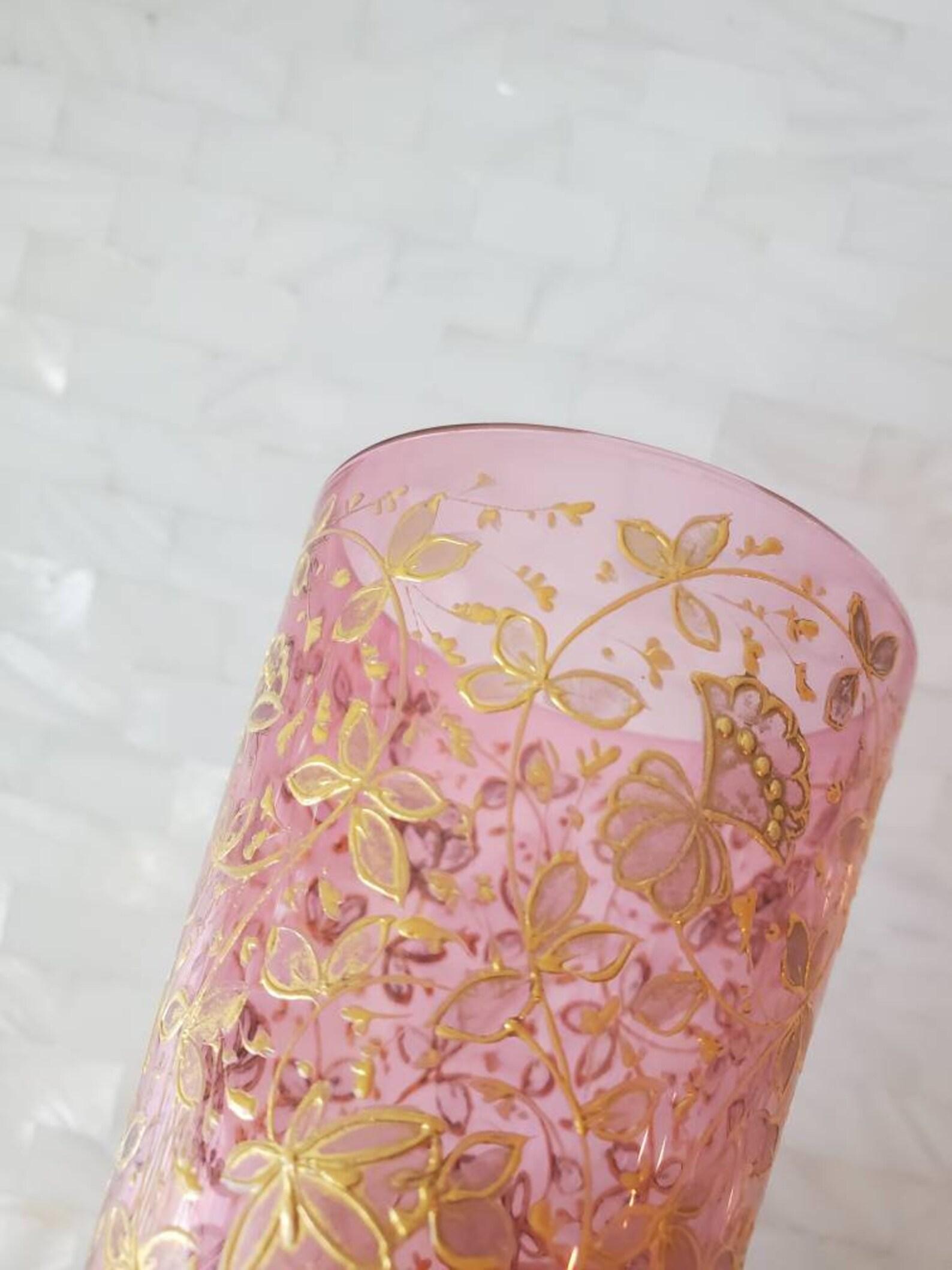Antique Moser Bohemian Hand Enameled Gilt Pink Art Glass Tumbler For Sale 3