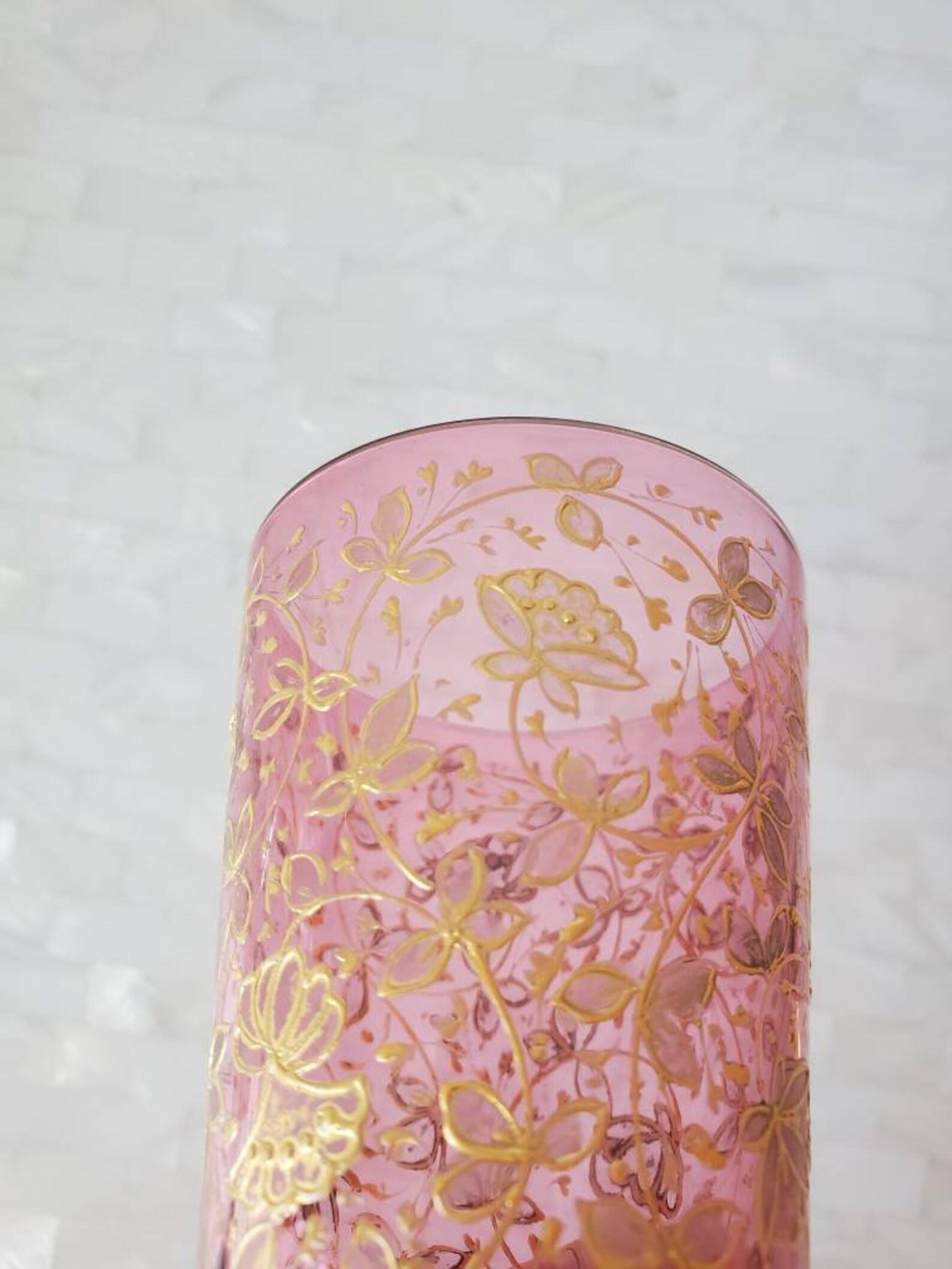 Antique Moser Bohemian Hand Enameled Gilt Pink Art Glass Tumbler For Sale 4