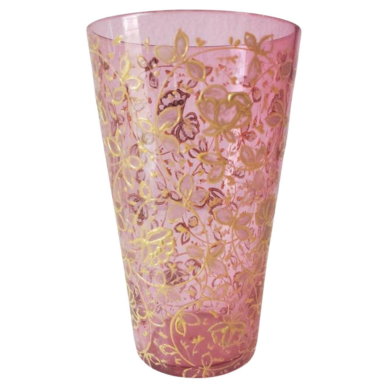 Antique Moser Bohemian Hand Enameled Gilt Pink Art Glass Tumbler For Sale