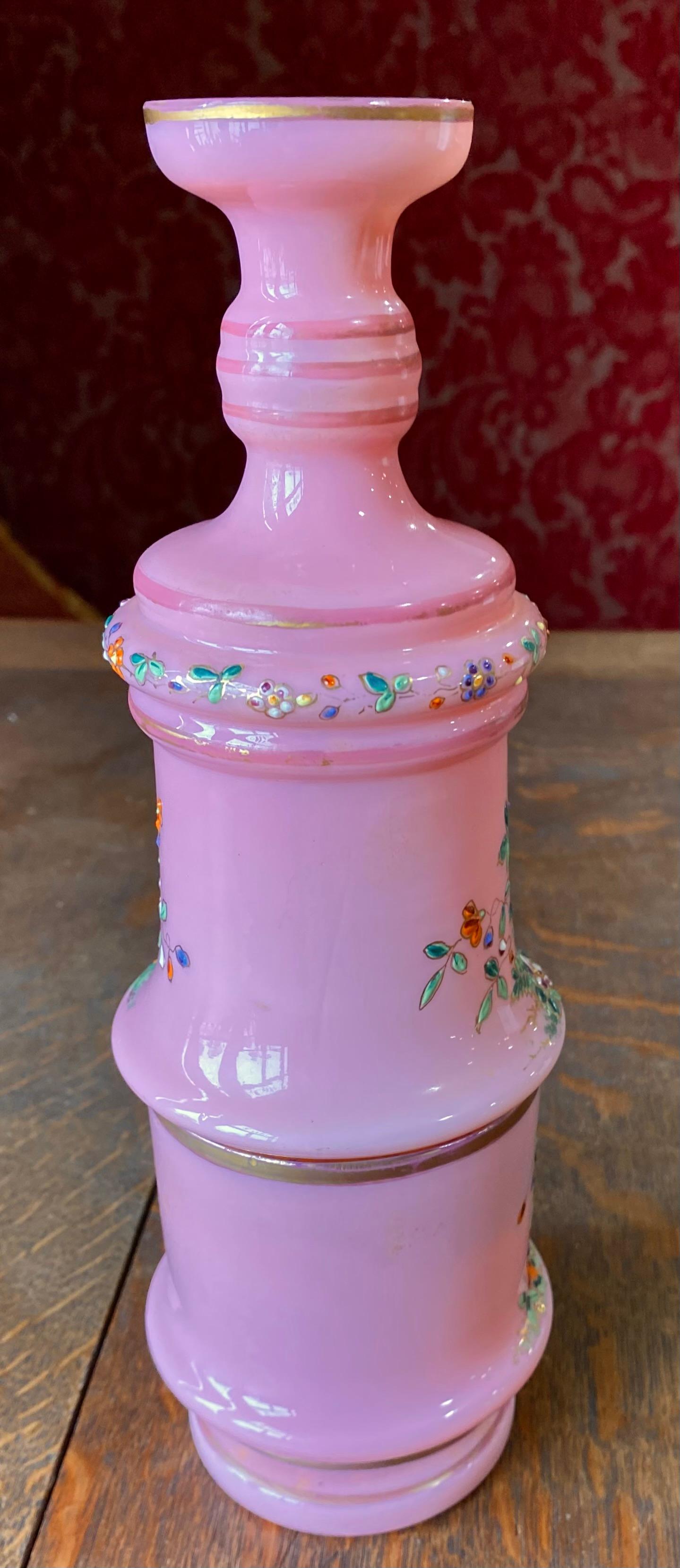 Antique 19th Century Moser Bohemian Pink Opaline Enameled Bedside Carafe For Sale 5