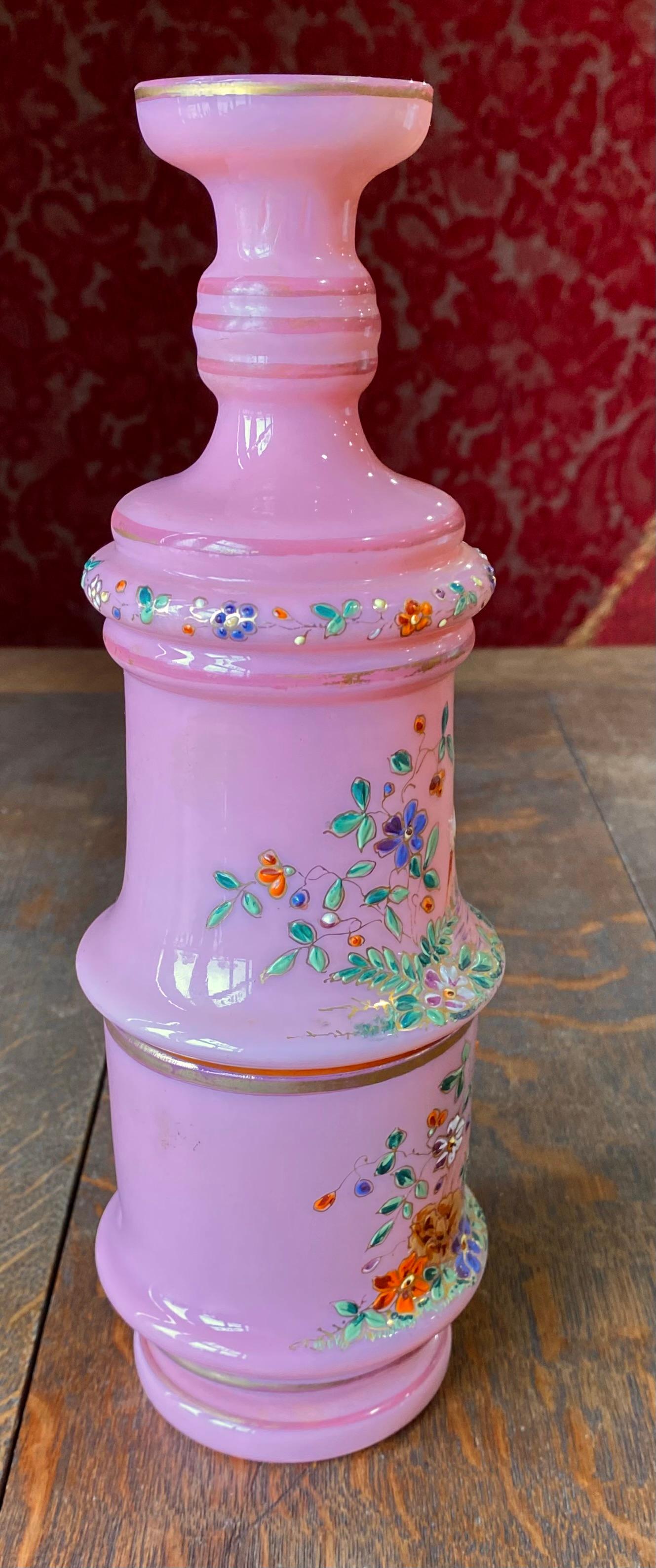 Antique 19th Century Moser Bohemian Pink Opaline Enameled Bedside Carafe For Sale 6